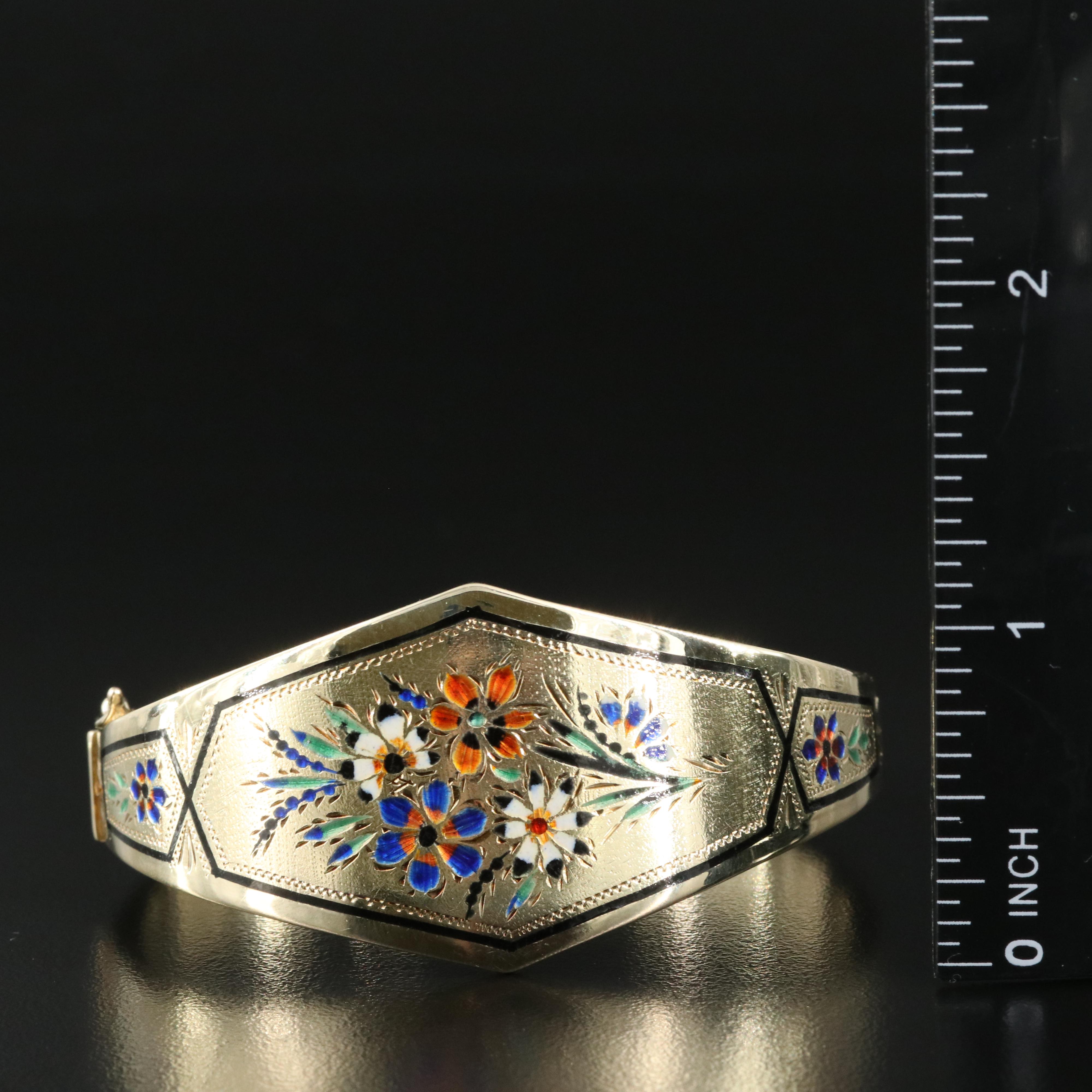 14K Enameled Floral Hinged Bracelet