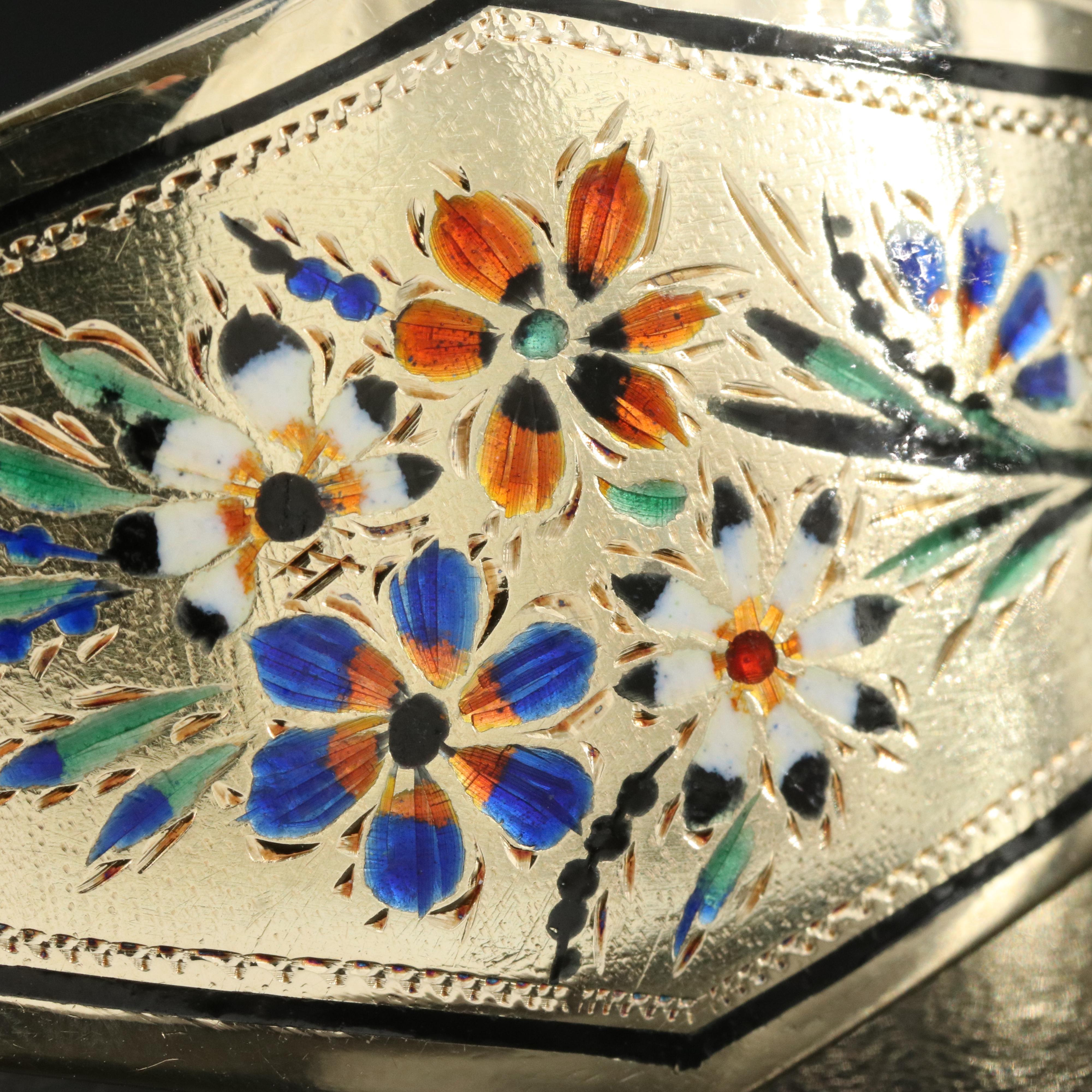 14K Enameled Floral Hinged Bracelet