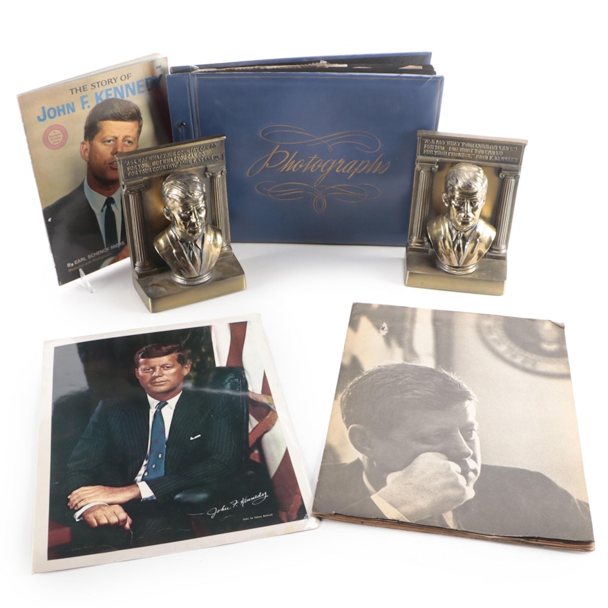 Gilt Cast Brass JFK Bust Bookends with Halftone Photograph Album and More