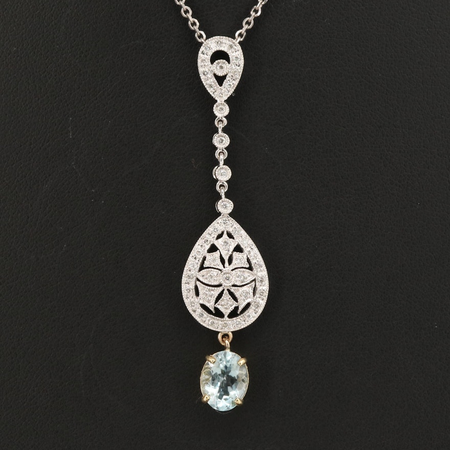 14K Aquamarine and Diamond Drop Pendant Necklace