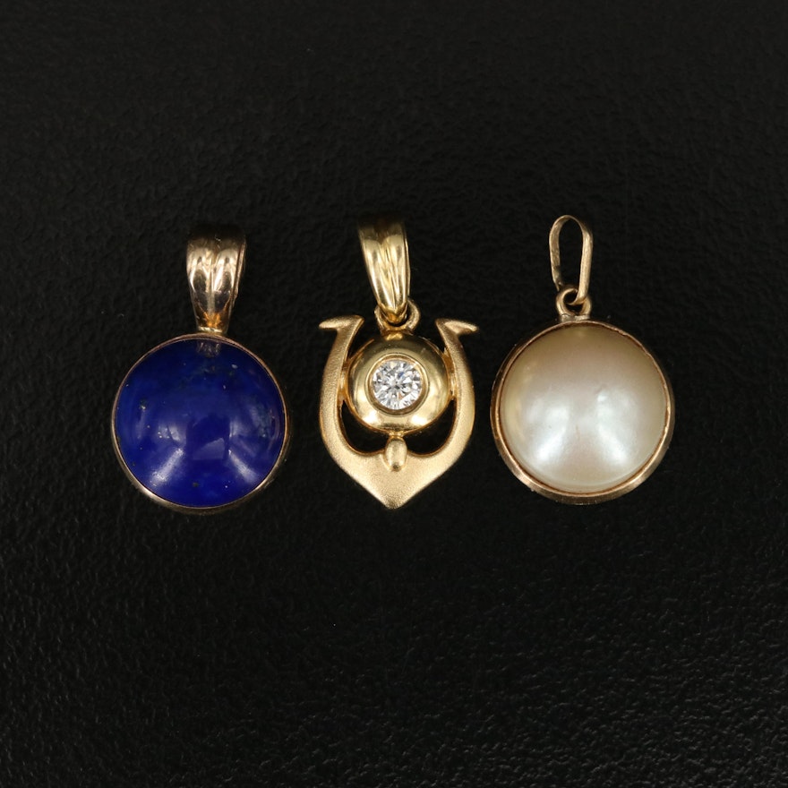 14K and 18K Pendant Selection with Imitation Pearl, Lapis Lazuli and Diamond