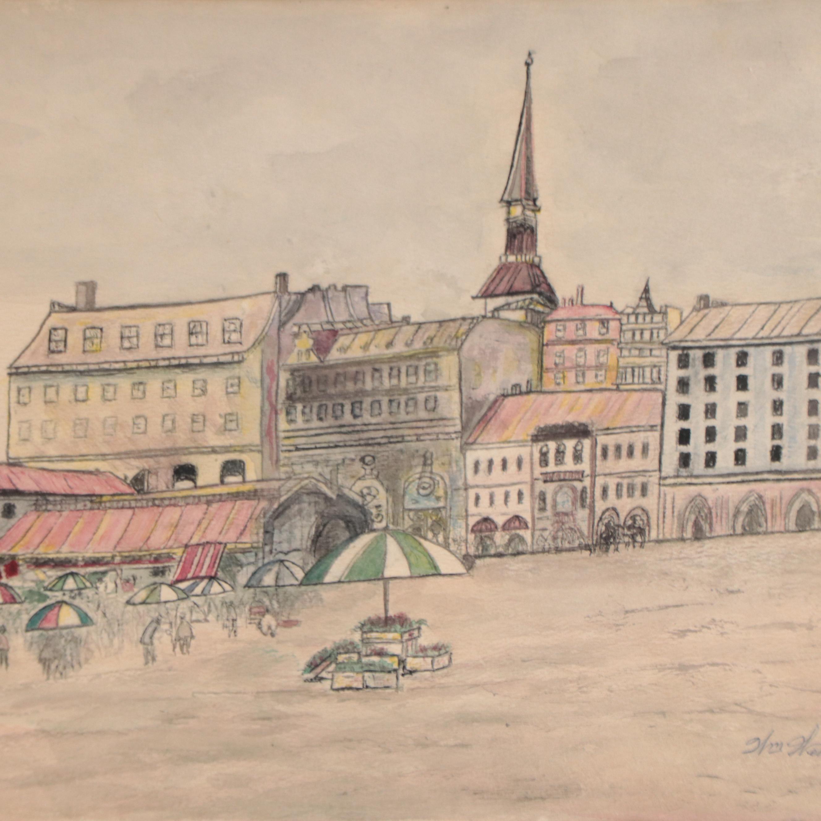 William Weisblatt Watercolor Painting of European Street Scene