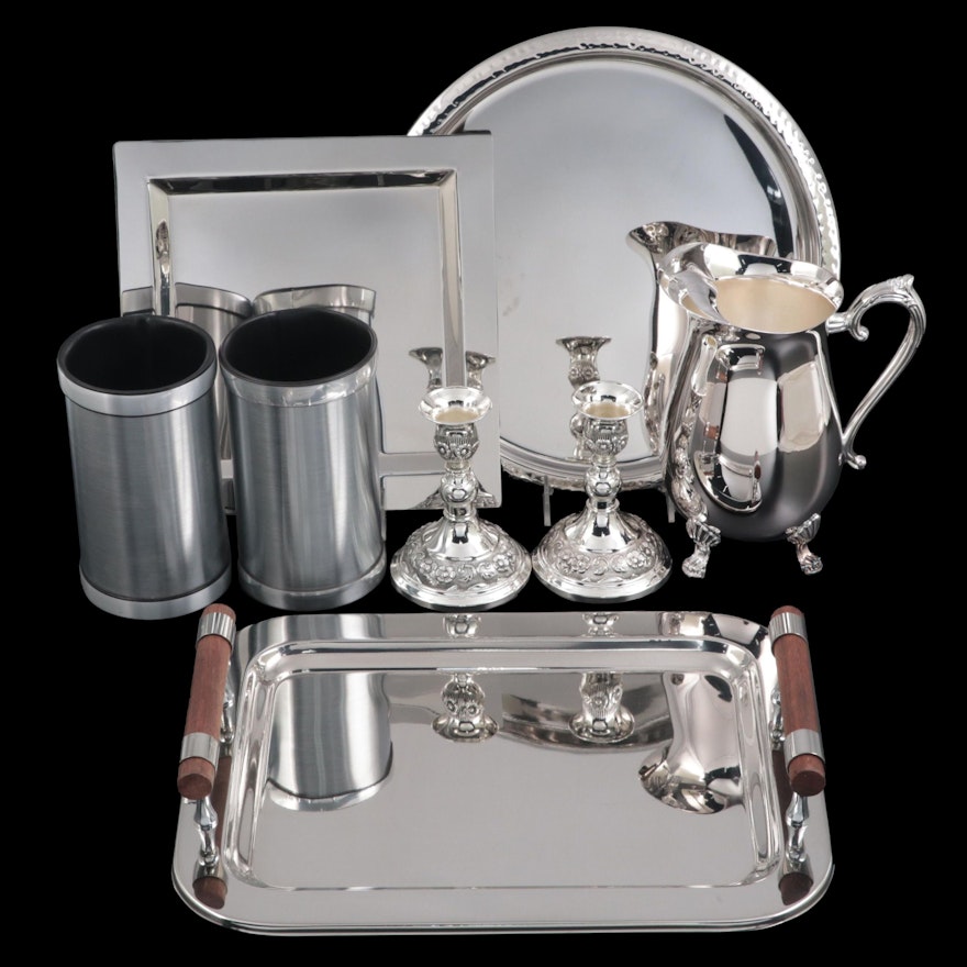 Elegance Silver Plate Pitcher with Other Silver Plate Trays and Accessories
