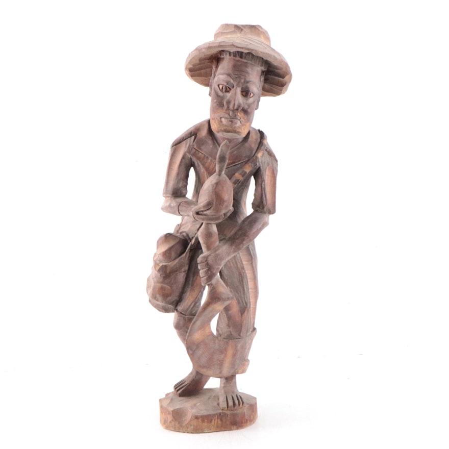 Folk Art Style Carved Wood Sculpture of Standing Figure