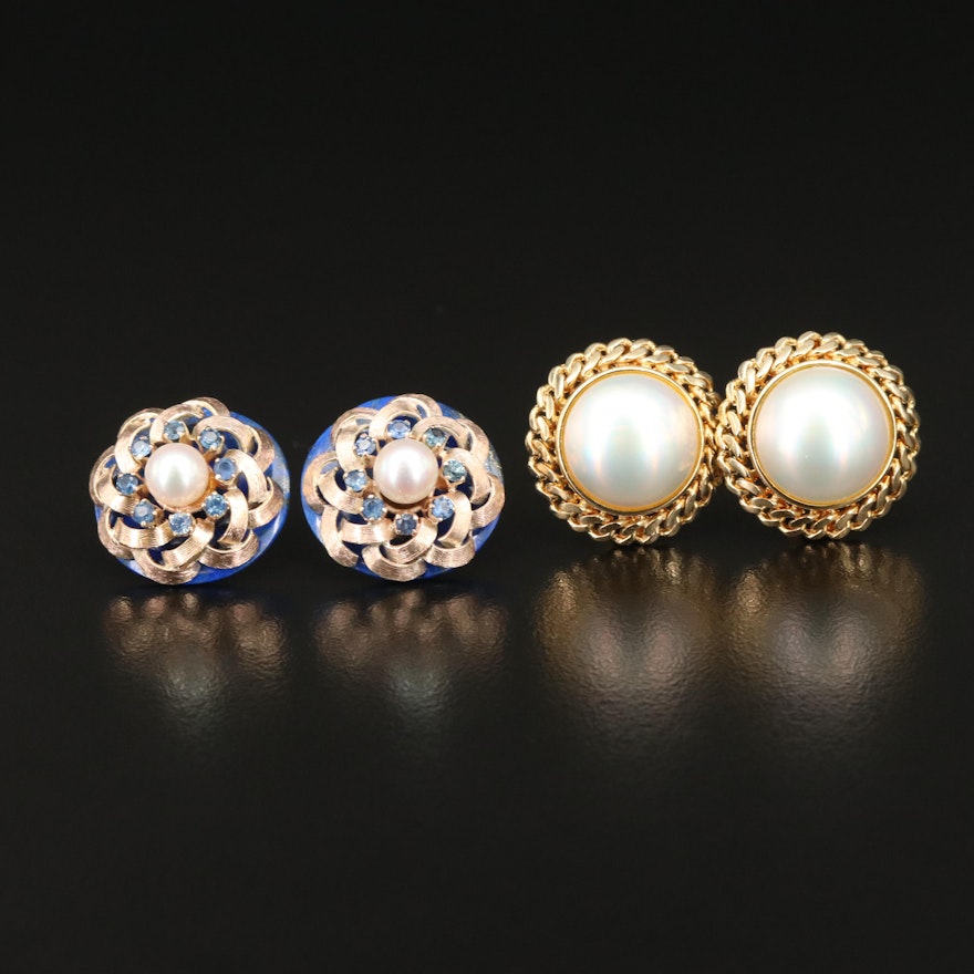 10K Mabé Pearl Button and 14K Pearl, Lapis Lazuli and Sapphire Earrings