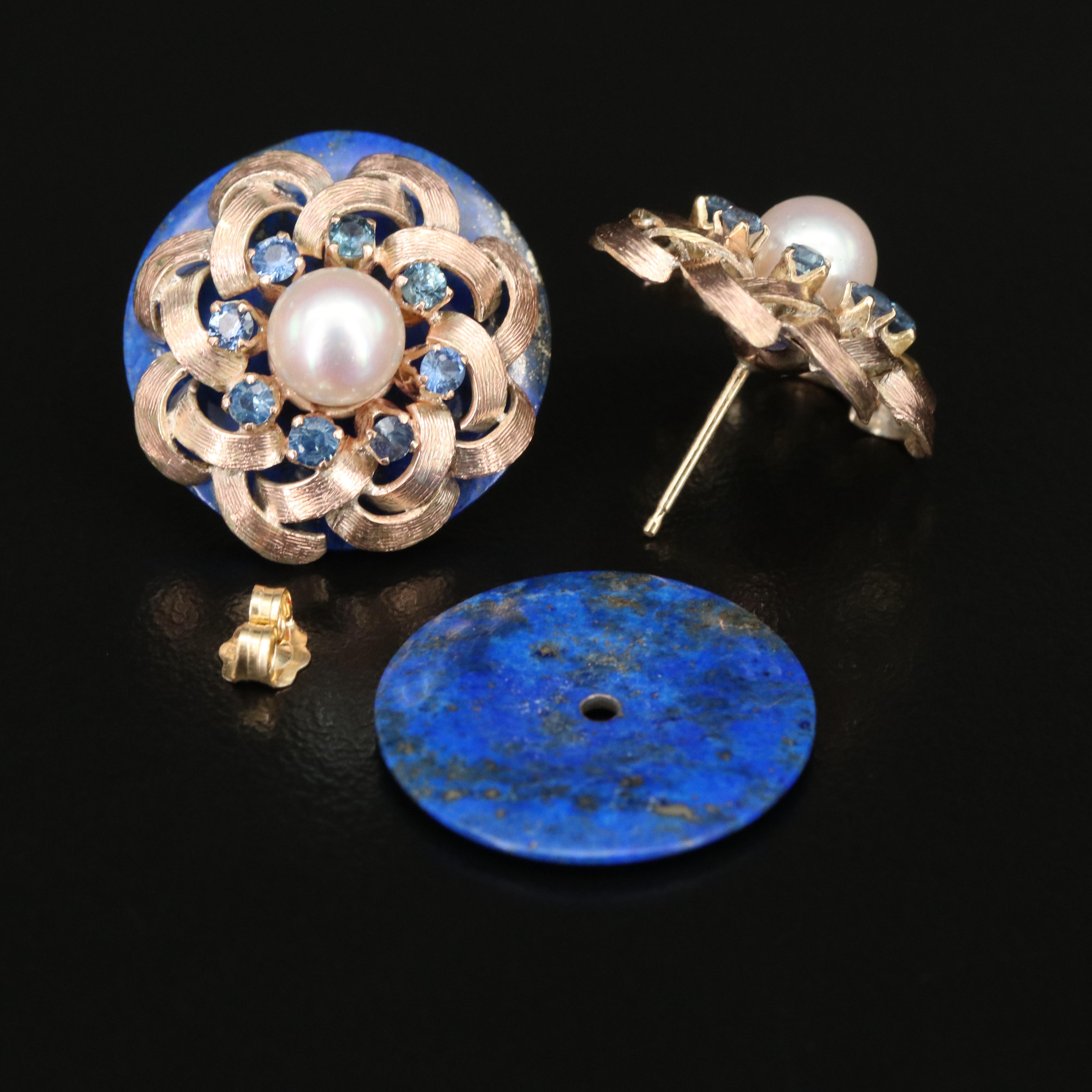 10K Mabé Pearl Button and 14K Pearl, Lapis Lazuli and Sapphire Earrings