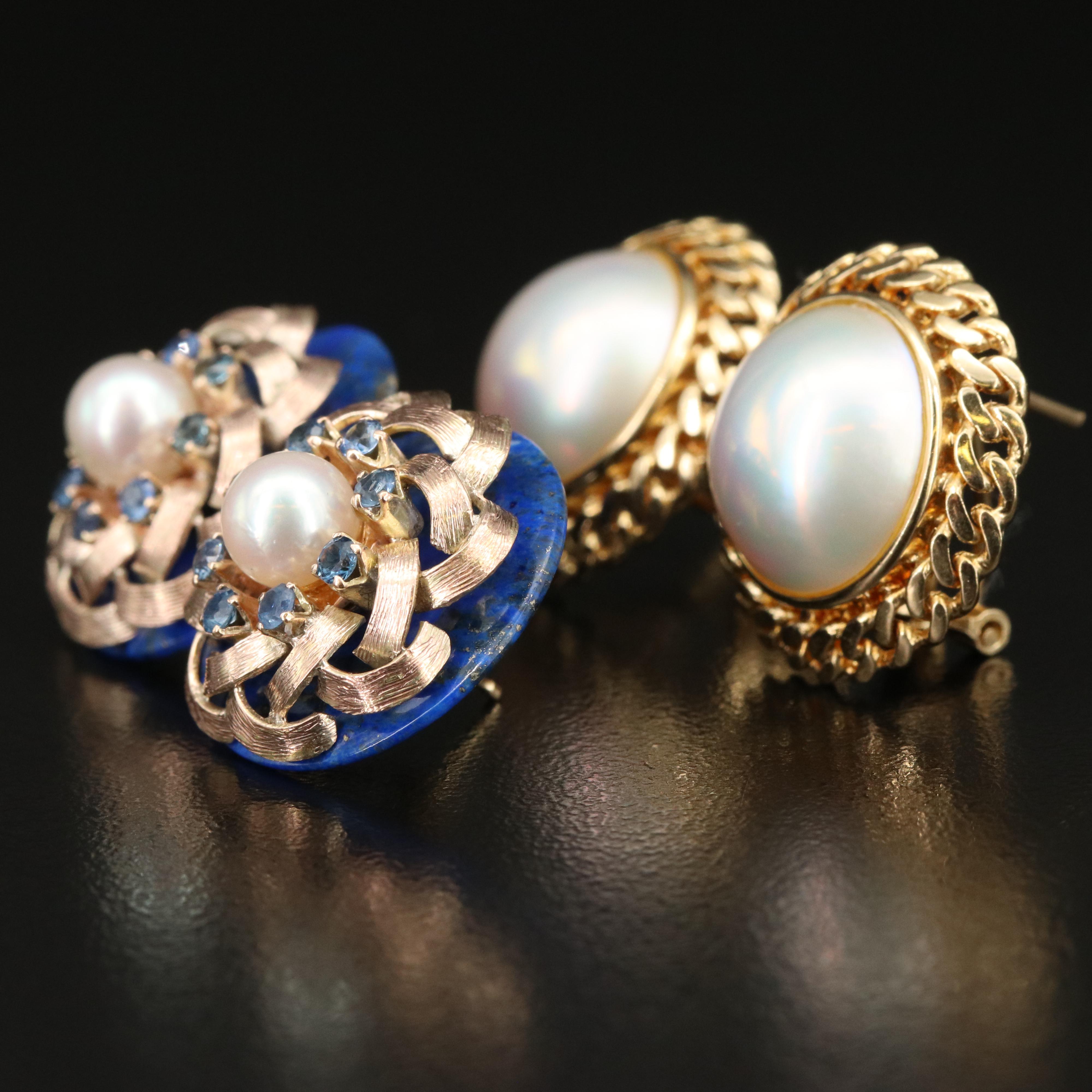10K Mabé Pearl Button and 14K Pearl, Lapis Lazuli and Sapphire Earrings