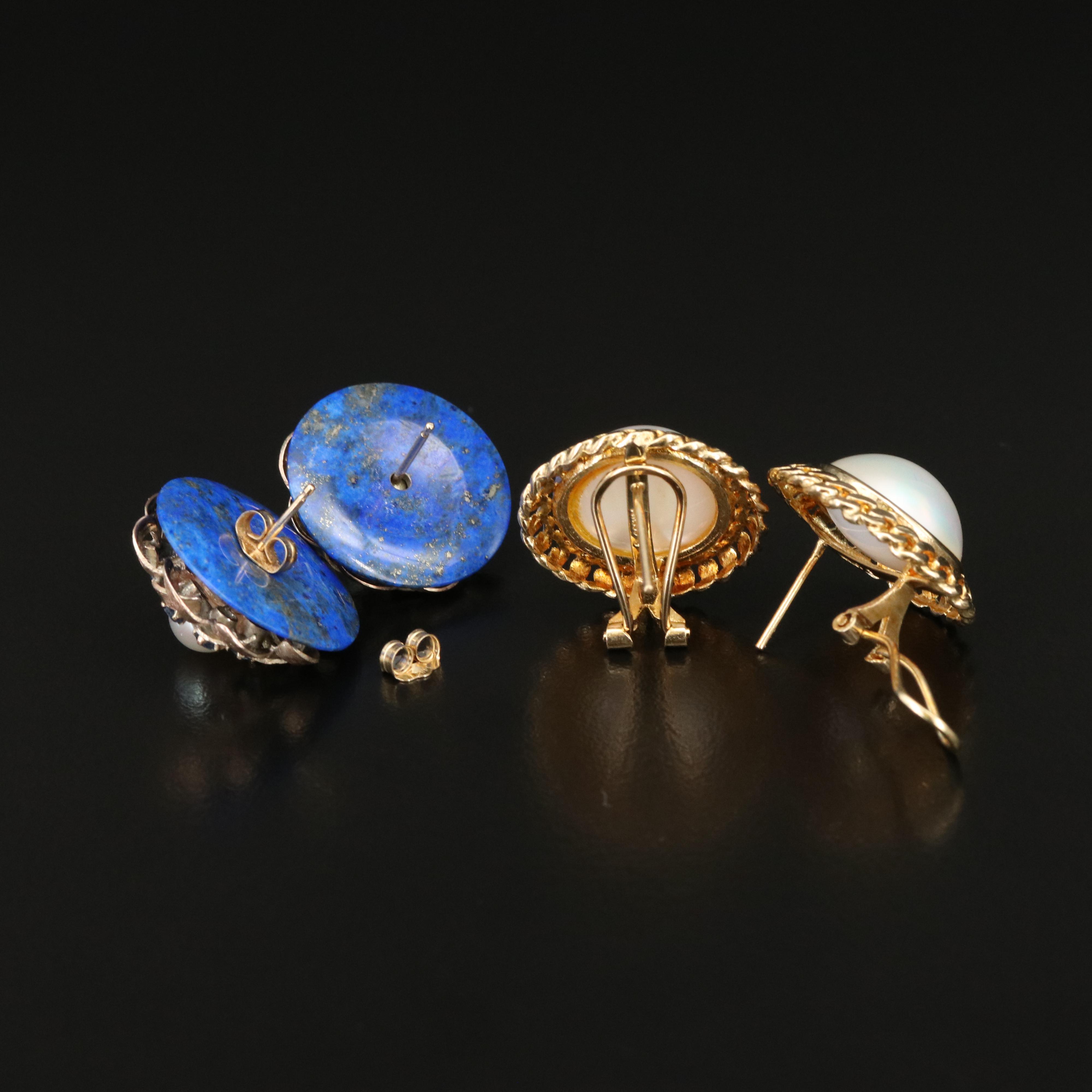 10K Mabé Pearl Button and 14K Pearl, Lapis Lazuli and Sapphire Earrings