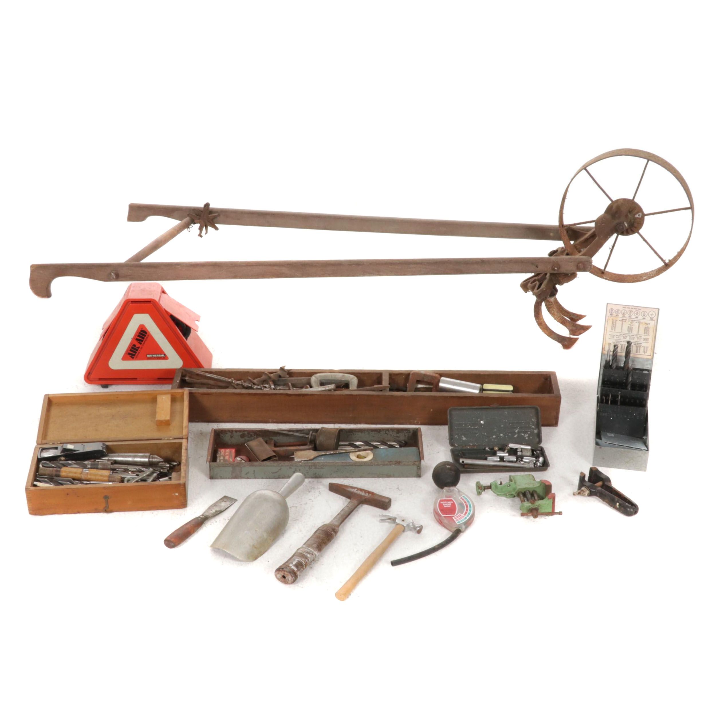 Wood and Steel Walk-Behind Garden Plow with Tools, Mid to Late 20th Century
