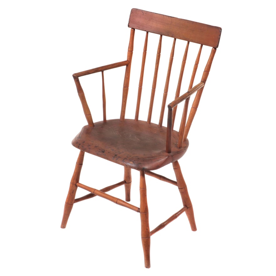 American Primitive Rod-Back Poplar and Ash Windsor Armchair, 19th Century