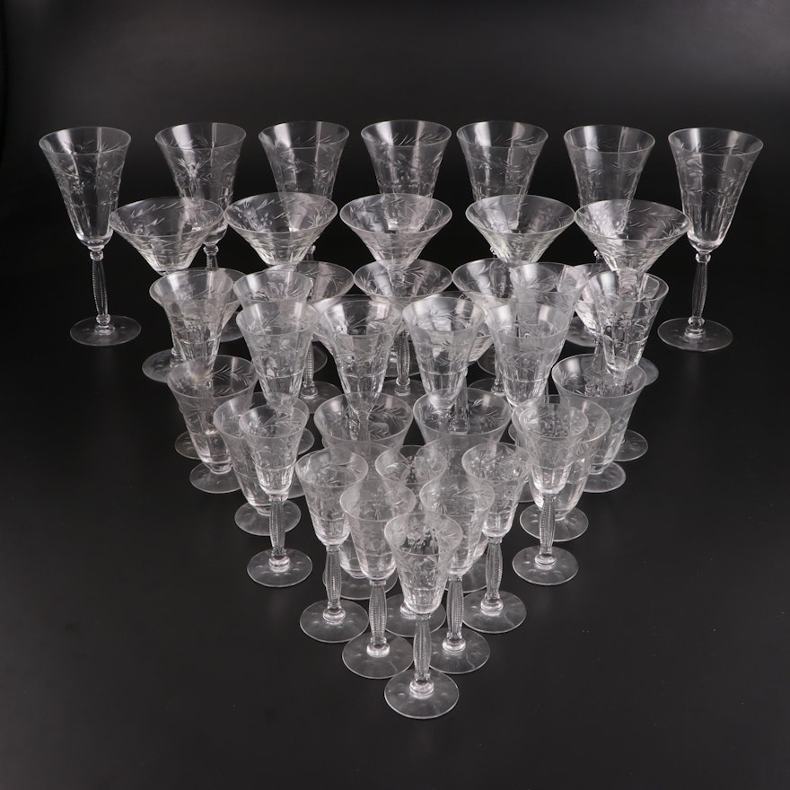 Tiffin-Franciscan Floral, Dot, and Bar Cut Glass Stemware, Mid-20th Century