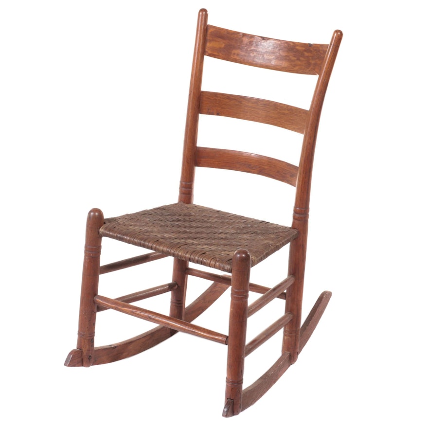 American Primitive Oak Splint Seat and Ladder-Back Rocking Chair