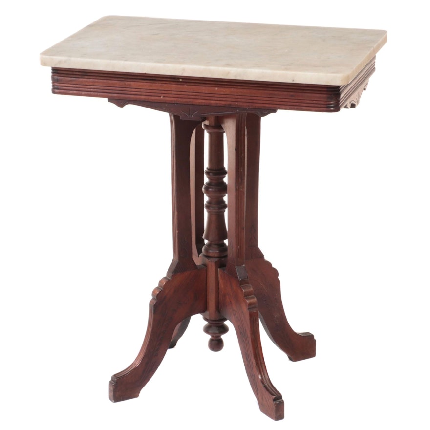 Victorian Walnut Lamp Table with Marble, Late 19th Century