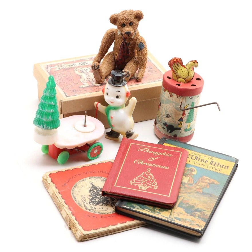 The Boyds Bears "Shoe Box Bear" with Children's Christmas Books and Other Toys
