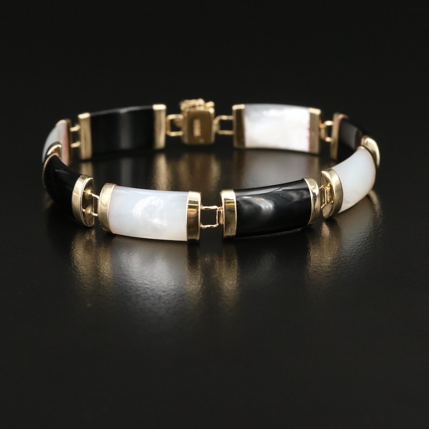 14K Black Onyx and Mother-of-Pearl Panel Bracelet with "Good Fortune" Accent