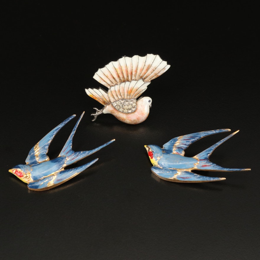 Sterling Swallow and Dove Brooches Including Enamel