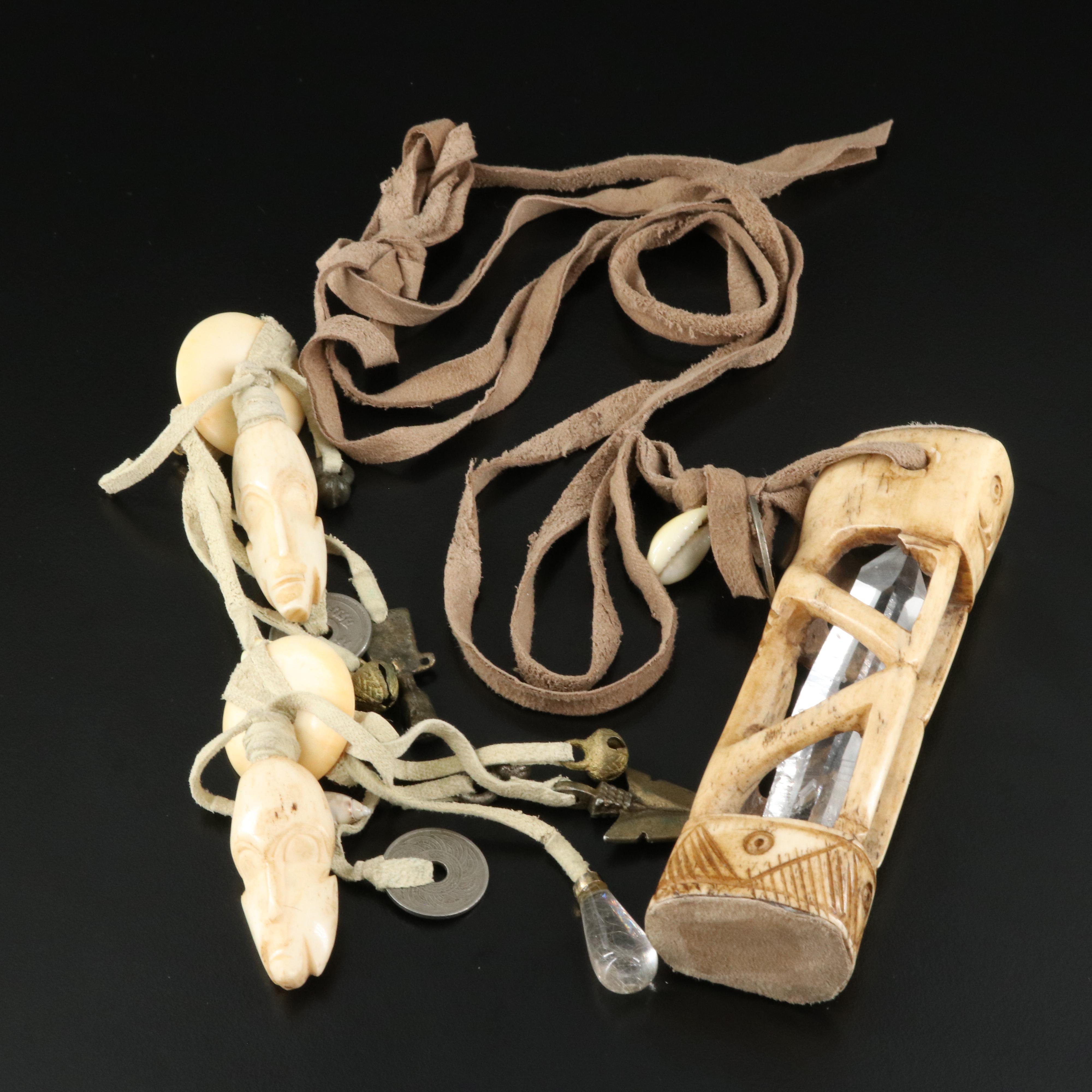 Figural Necklace and Earrings Including Bone, Shell and Quartz