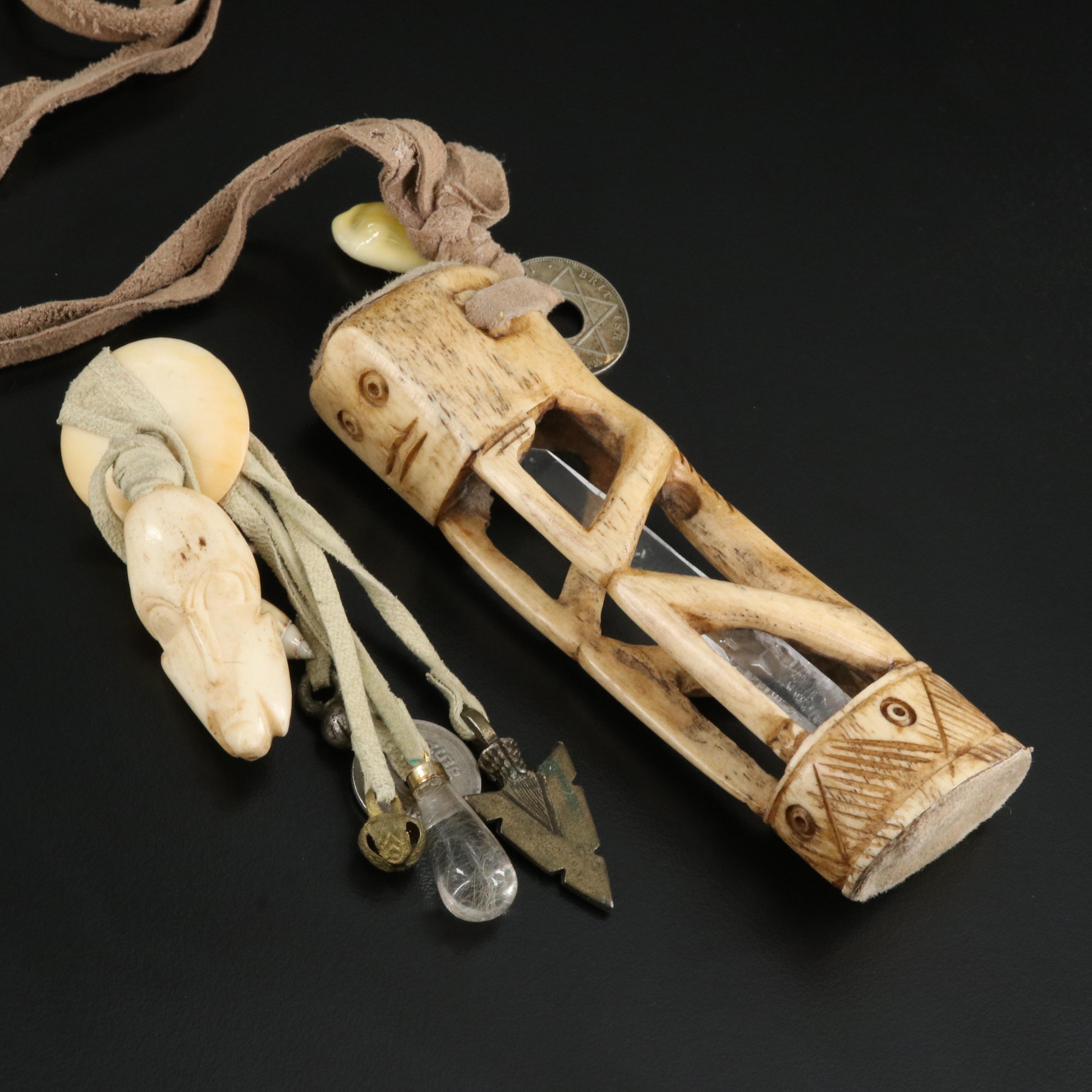 Figural Necklace and Earrings Including Bone, Shell and Quartz