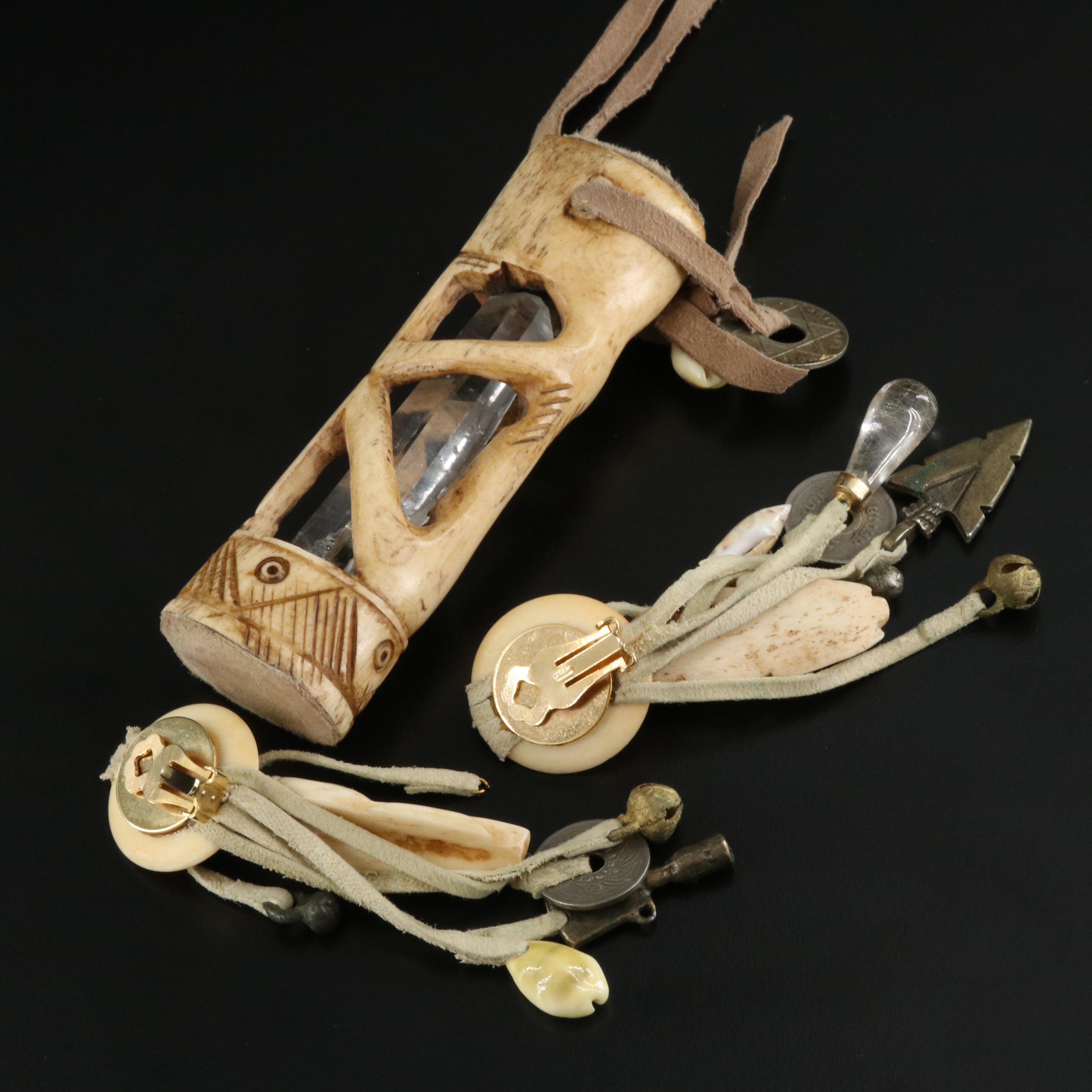 Figural Necklace and Earrings Including Bone, Shell and Quartz