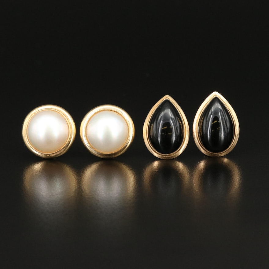 14K Pearl and Black Onyx Drop Earrings