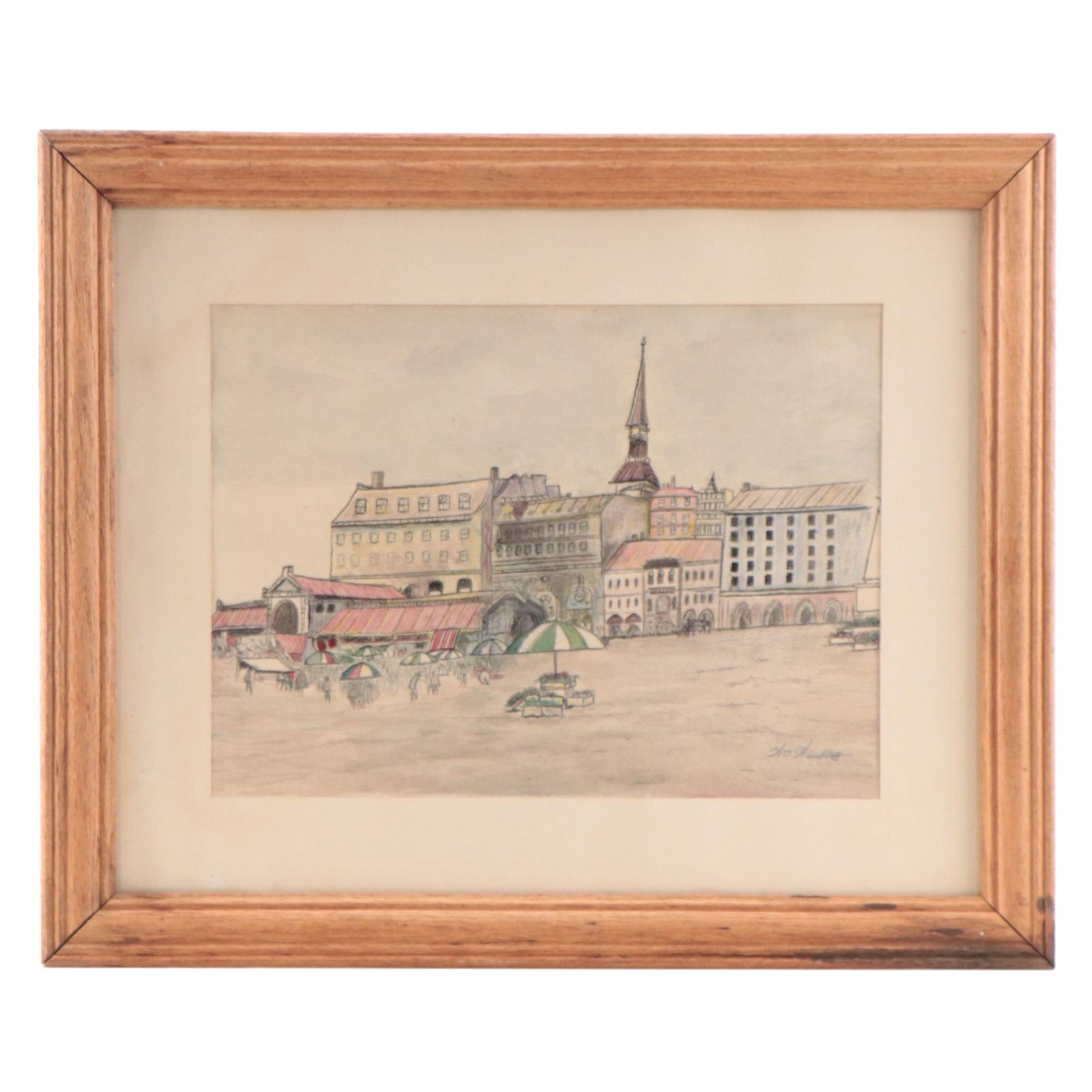 William Weisblatt Watercolor Painting of European Street Scene