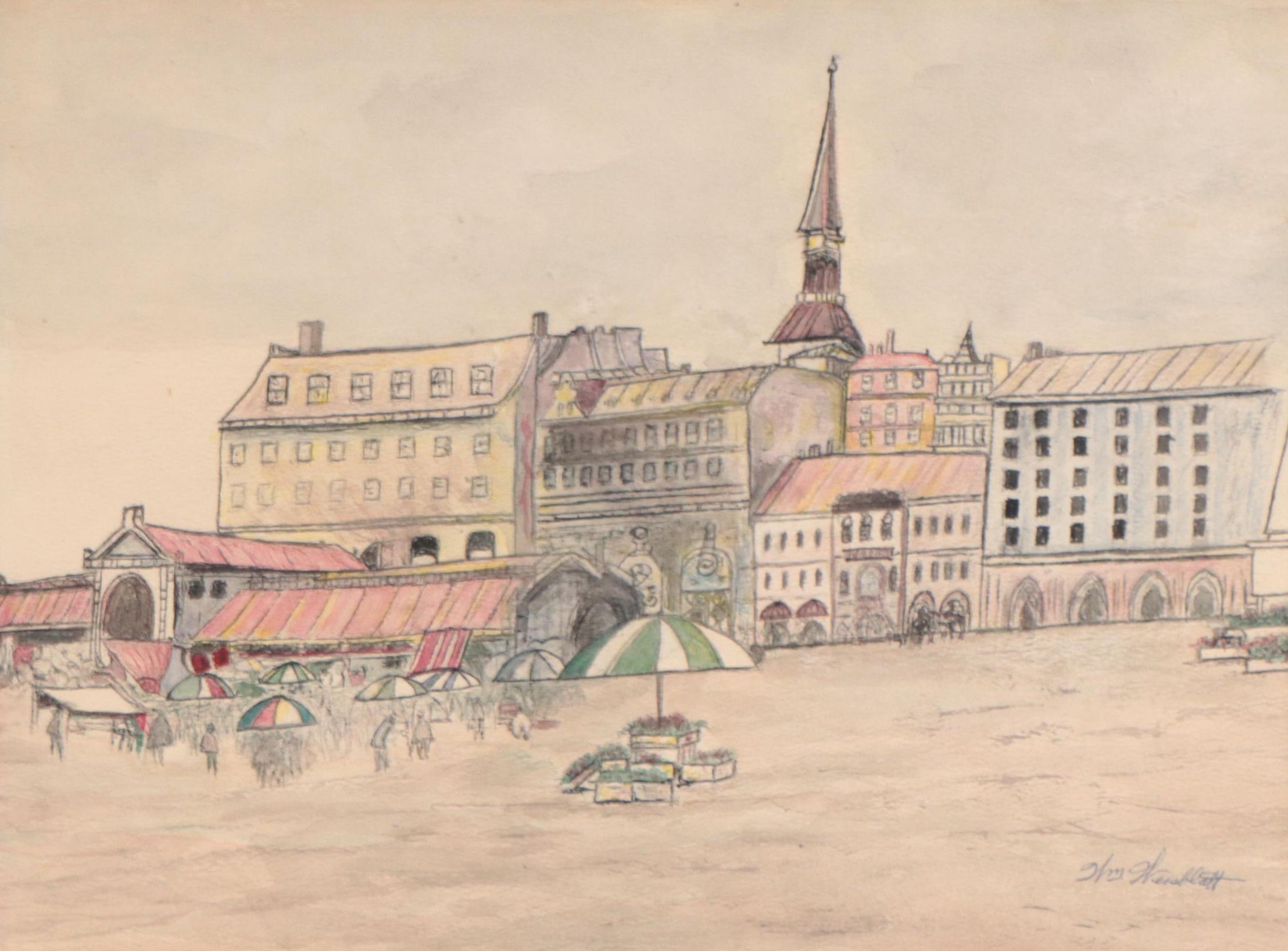 William Weisblatt Watercolor Painting of European Street Scene