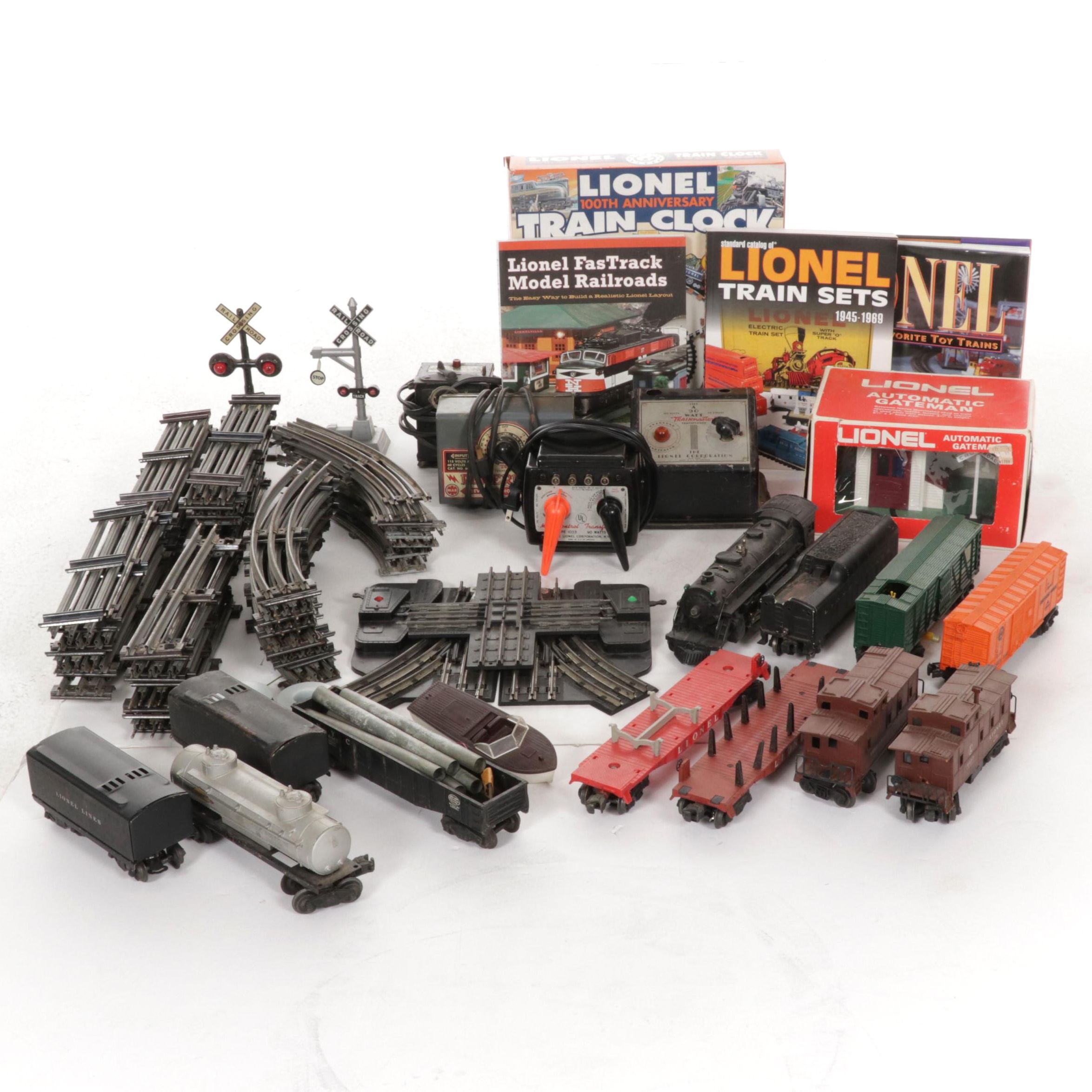 Lionel Post-War O Scale Model Train Cars, Track and Books