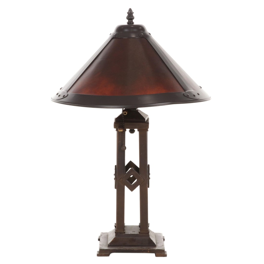 Arts & Crafts Style Bronzed Metal and Faux Mica Shade Table Lamp