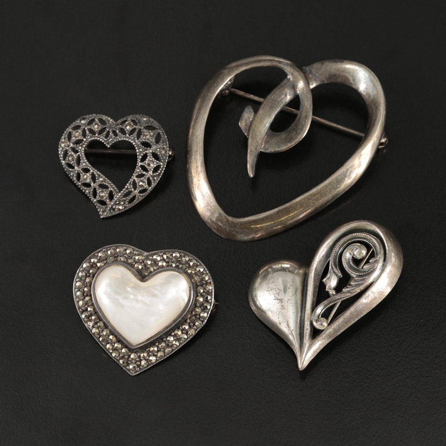 Sterling Pearl and Marcasite Heart Brooches