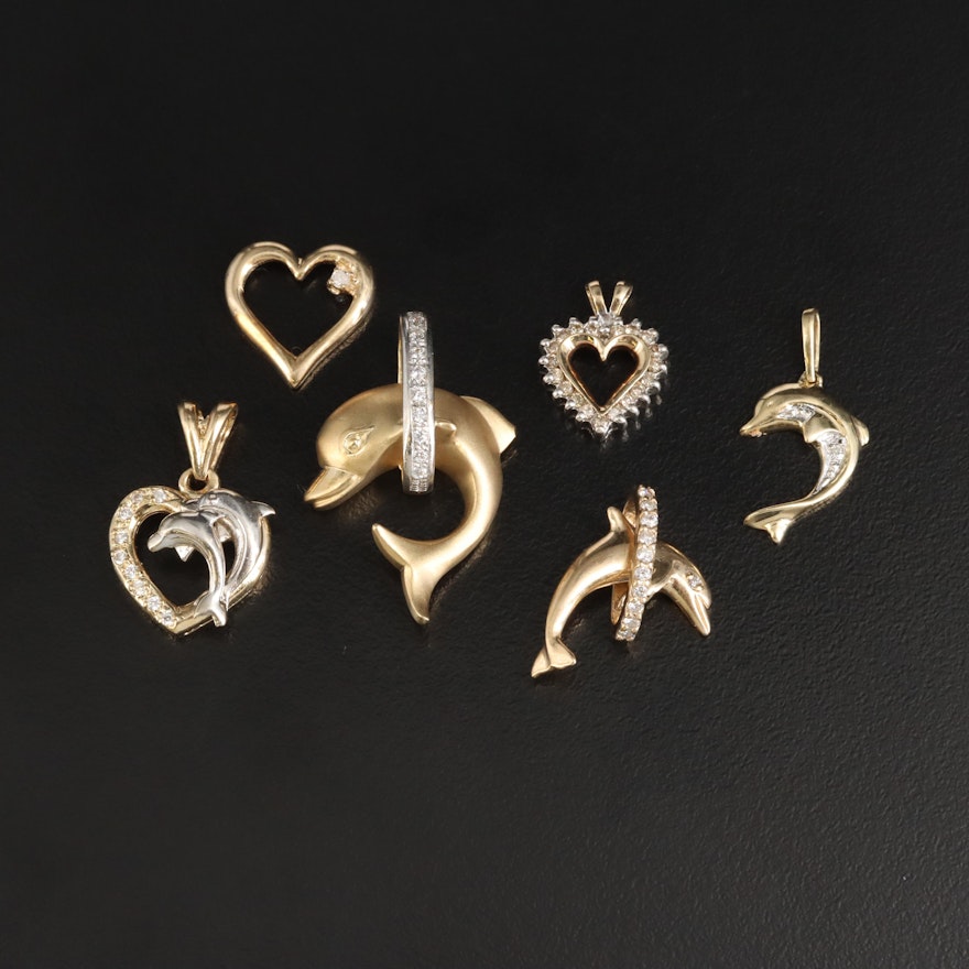 10K and 14K Heart and Dolphin Pendant Selection with Diamond and Cubic Zirconia