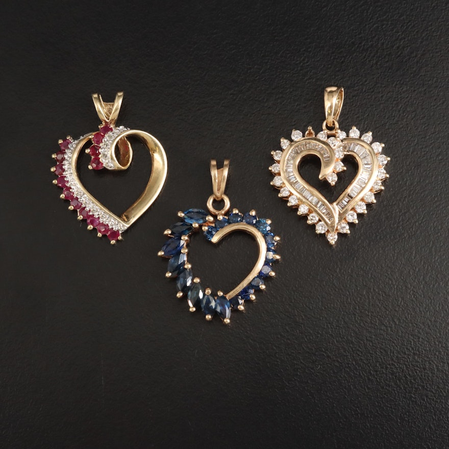 10K and 14K Heart Pendant Selection with Diamond, Ruby and Sapphire