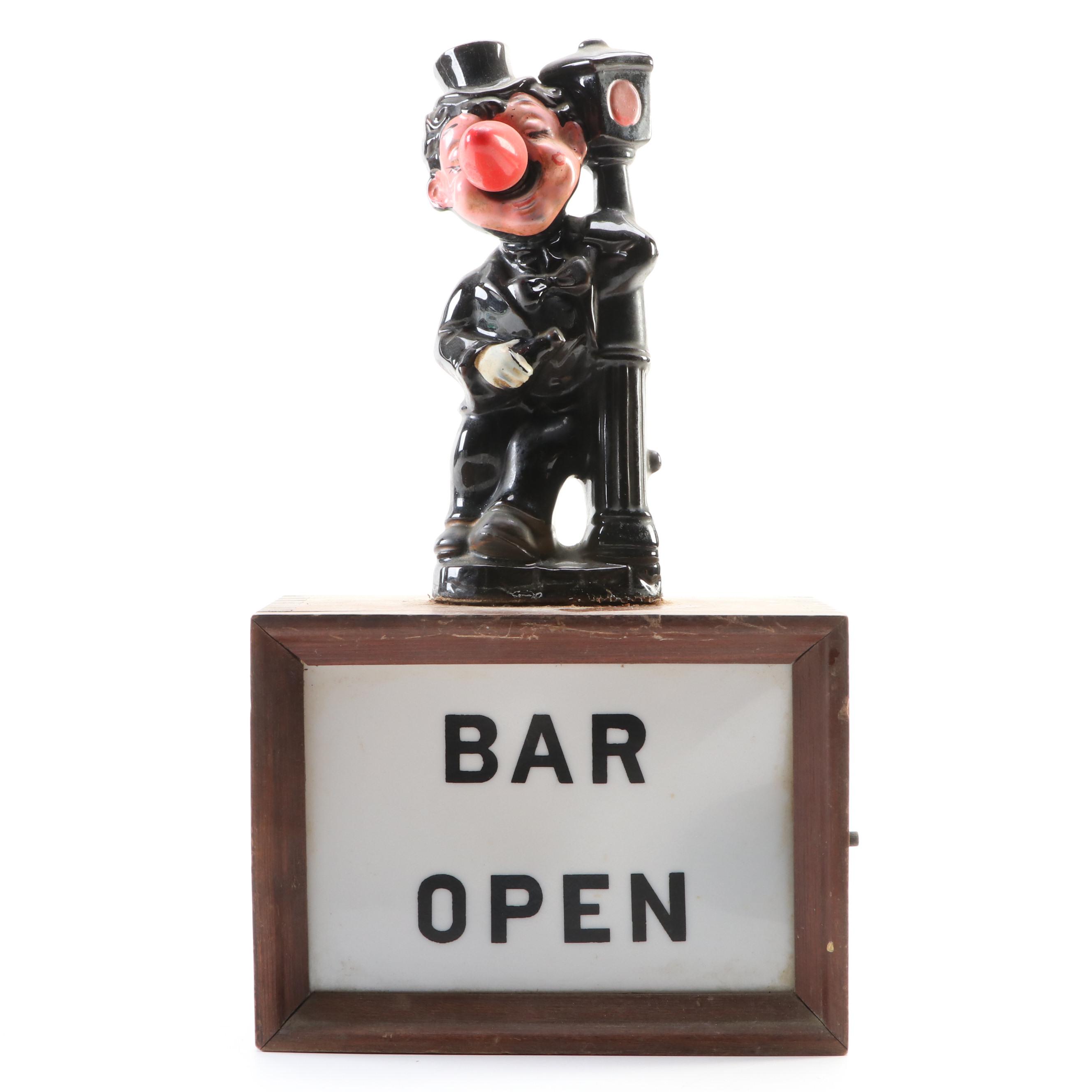 Ceramic and Wood Illuminating Drunk Hobo Bar Open Sign, Mid-20th Century