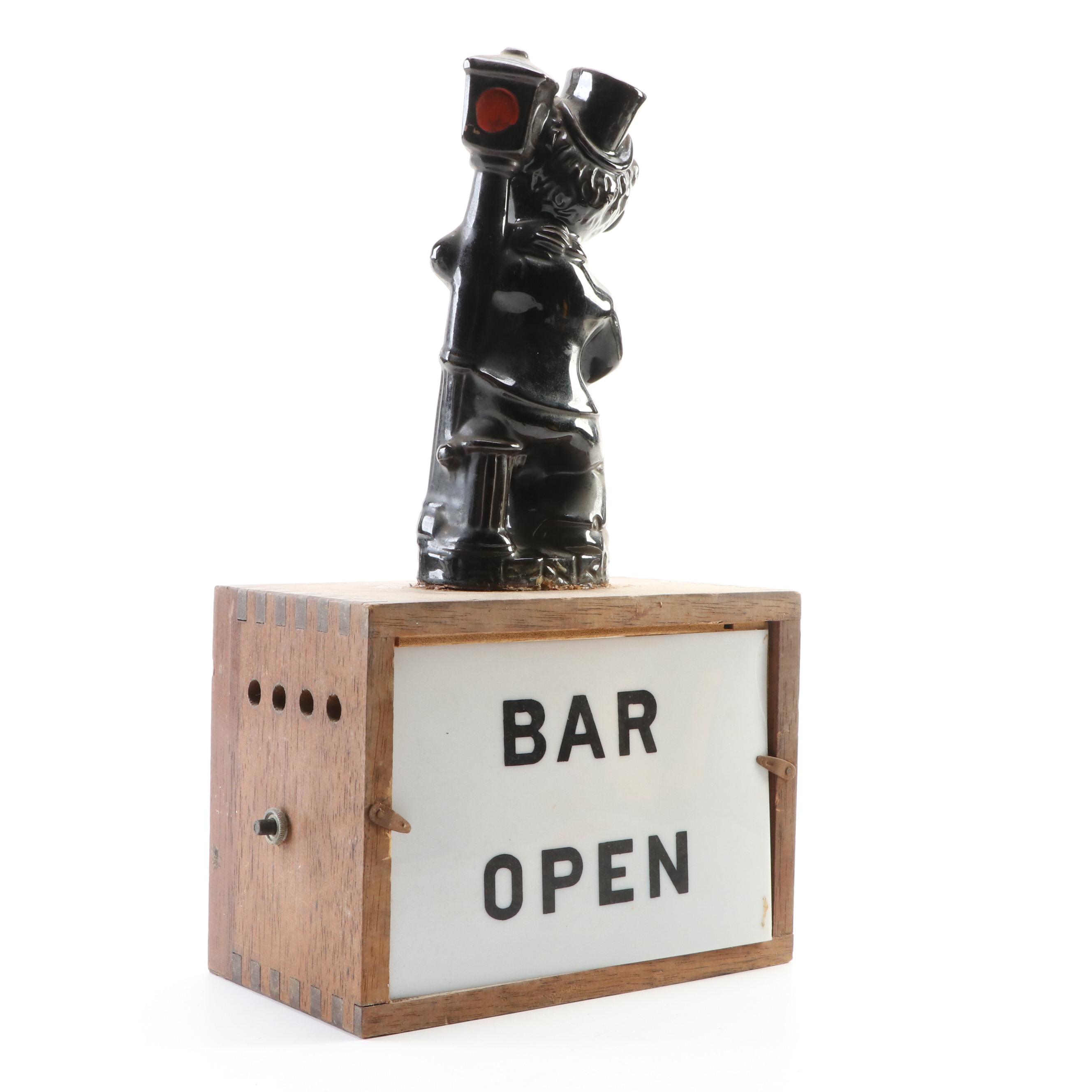 Ceramic and Wood Illuminating Drunk Hobo Bar Open Sign, Mid-20th Century
