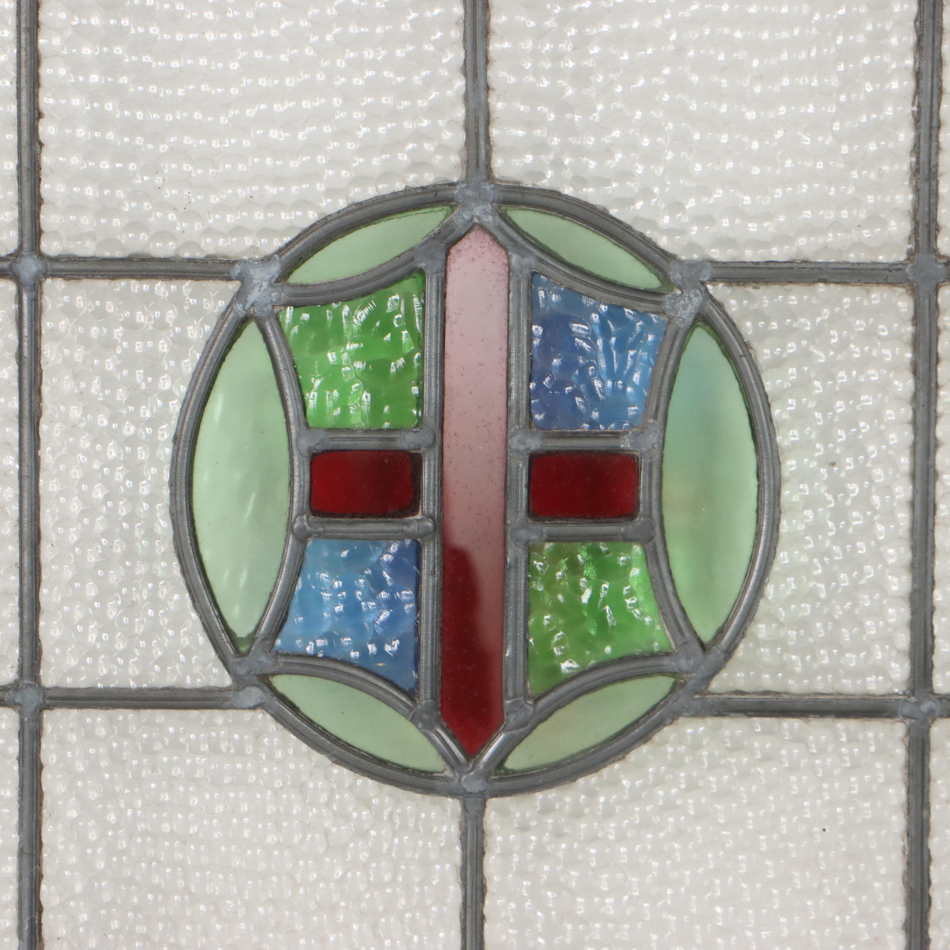 Stained and Slag Glass Panel With Cross and Shield