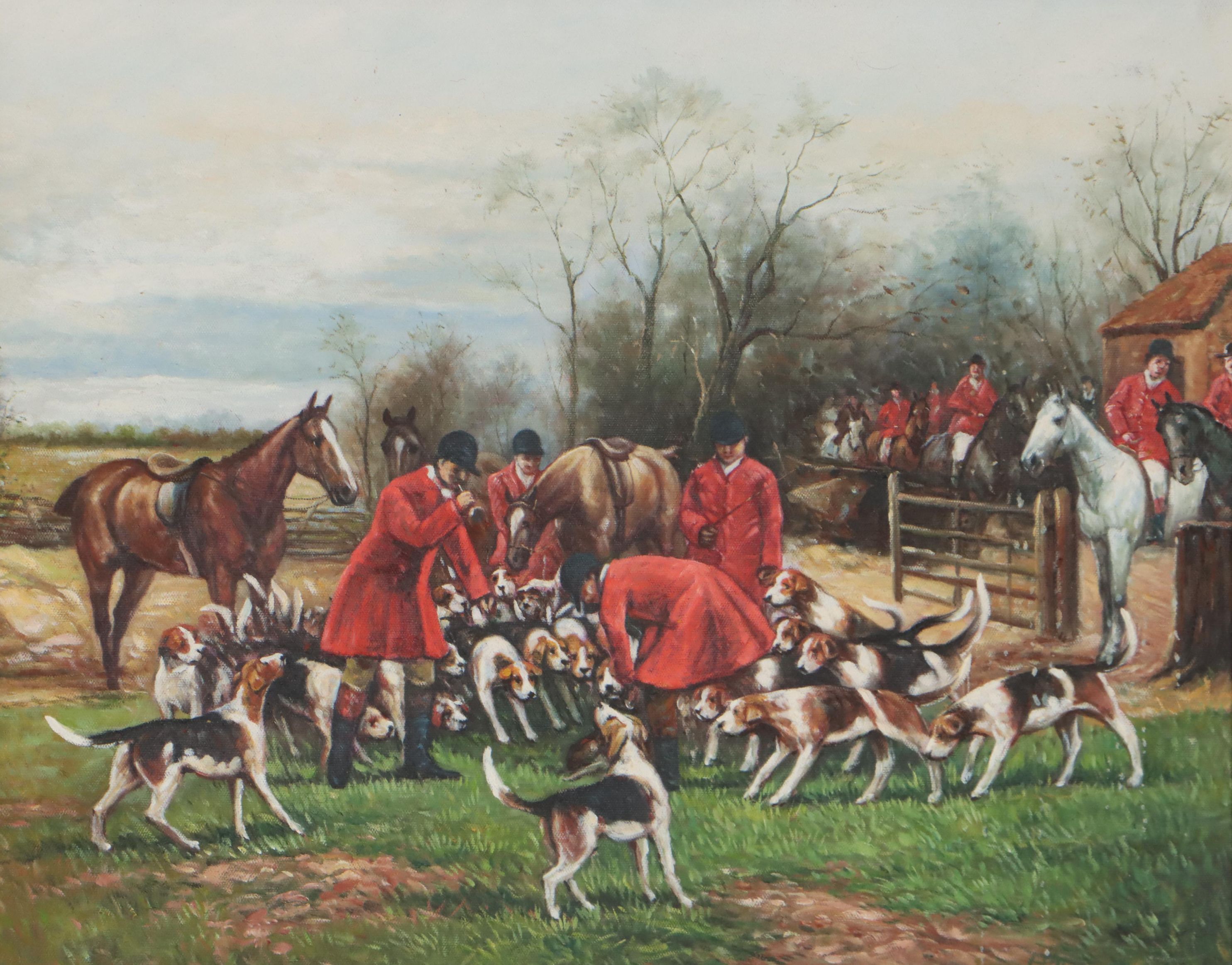 Oil Painting of Hunters and Hunting Dogs