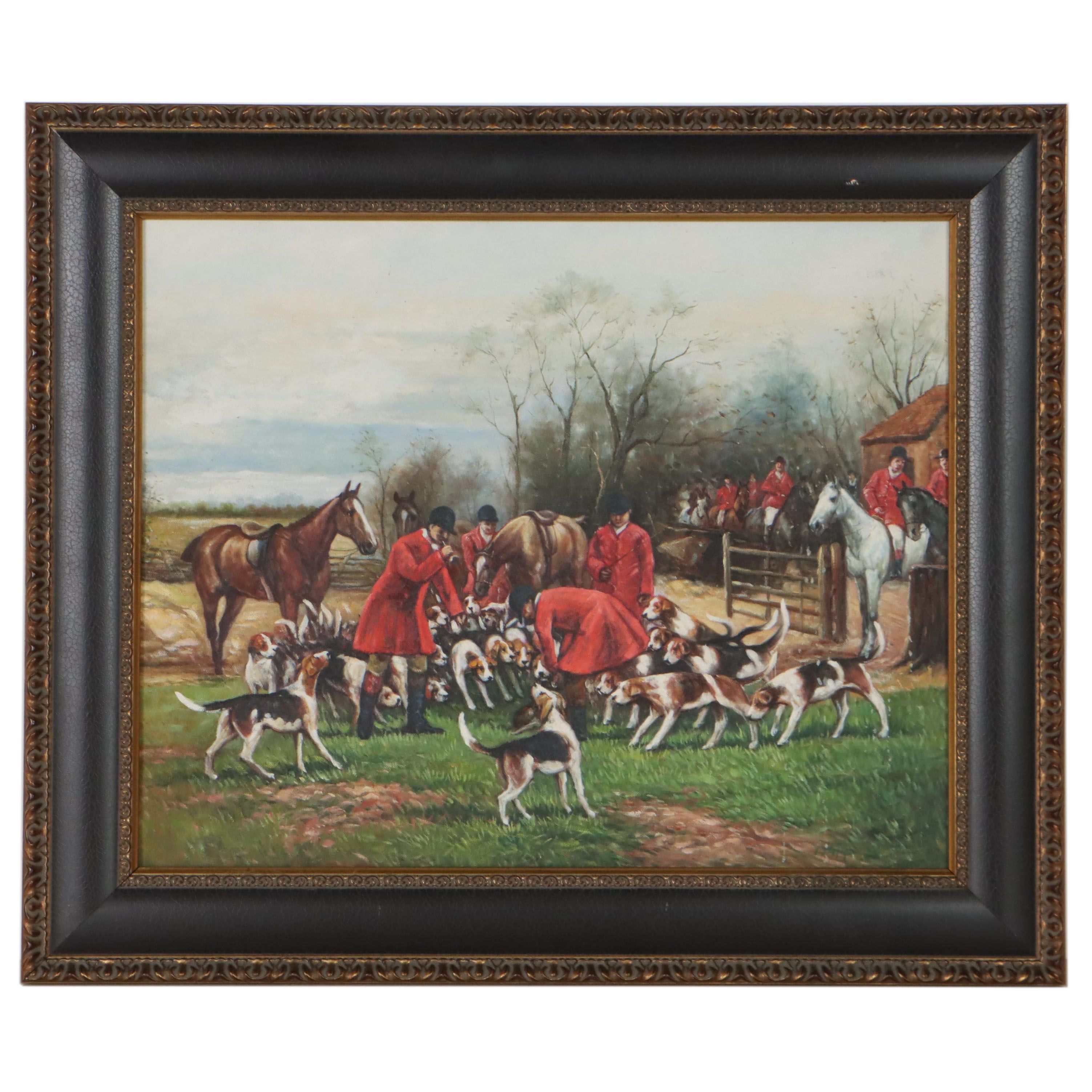 Oil Painting of Hunters and Hunting Dogs