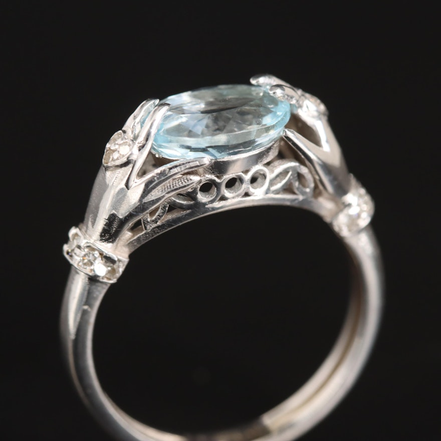 14K Ring with Diamond Bejeweled Hands Grasping Oval Faceted Aquamarine