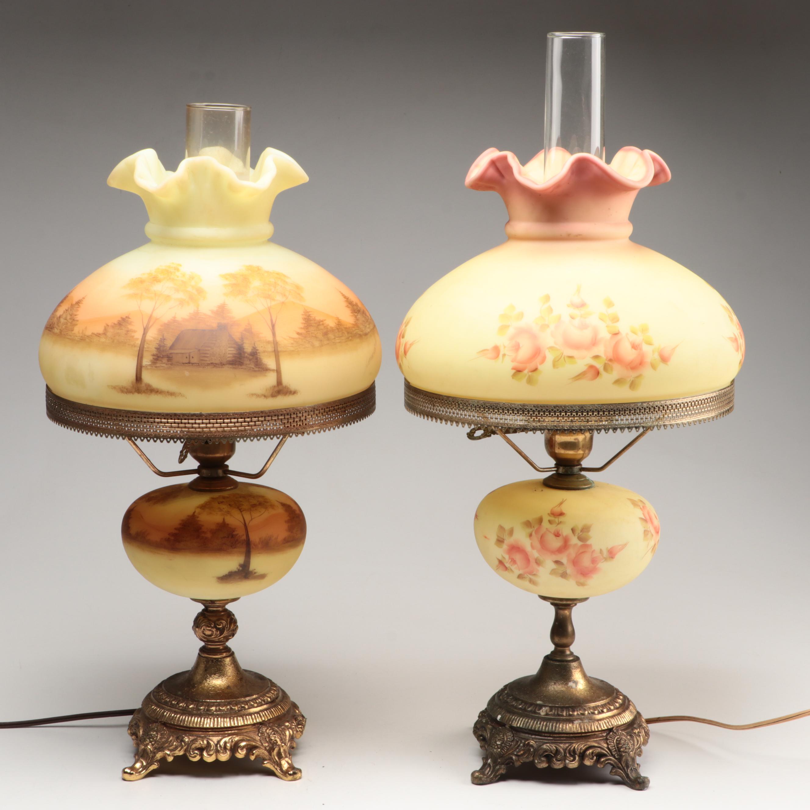 Fenton "Log Cabin" and "Rose Burmese" Satin Custard Glass Parlor Lamps, 1970s