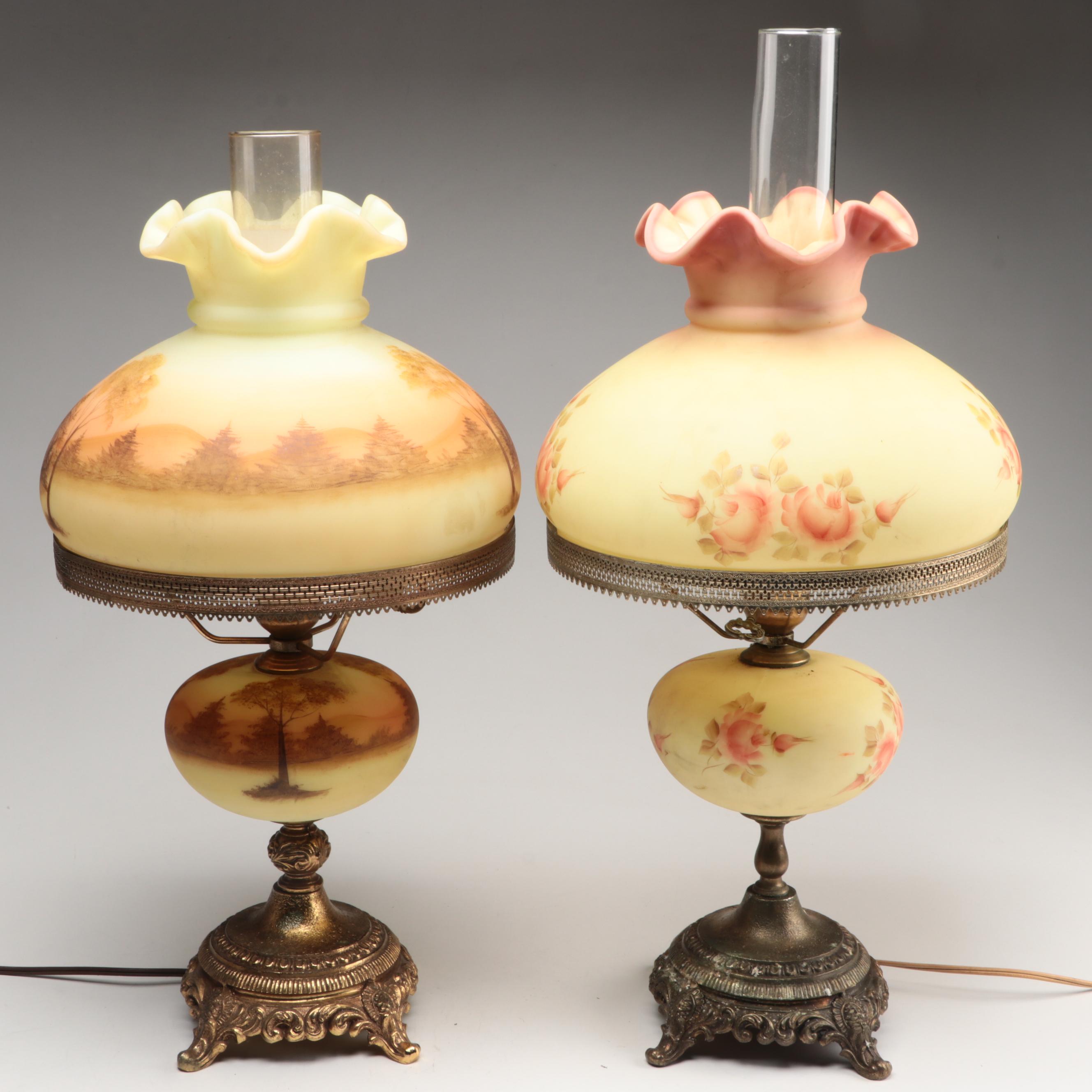 Fenton "Log Cabin" and "Rose Burmese" Satin Custard Glass Parlor Lamps, 1970s