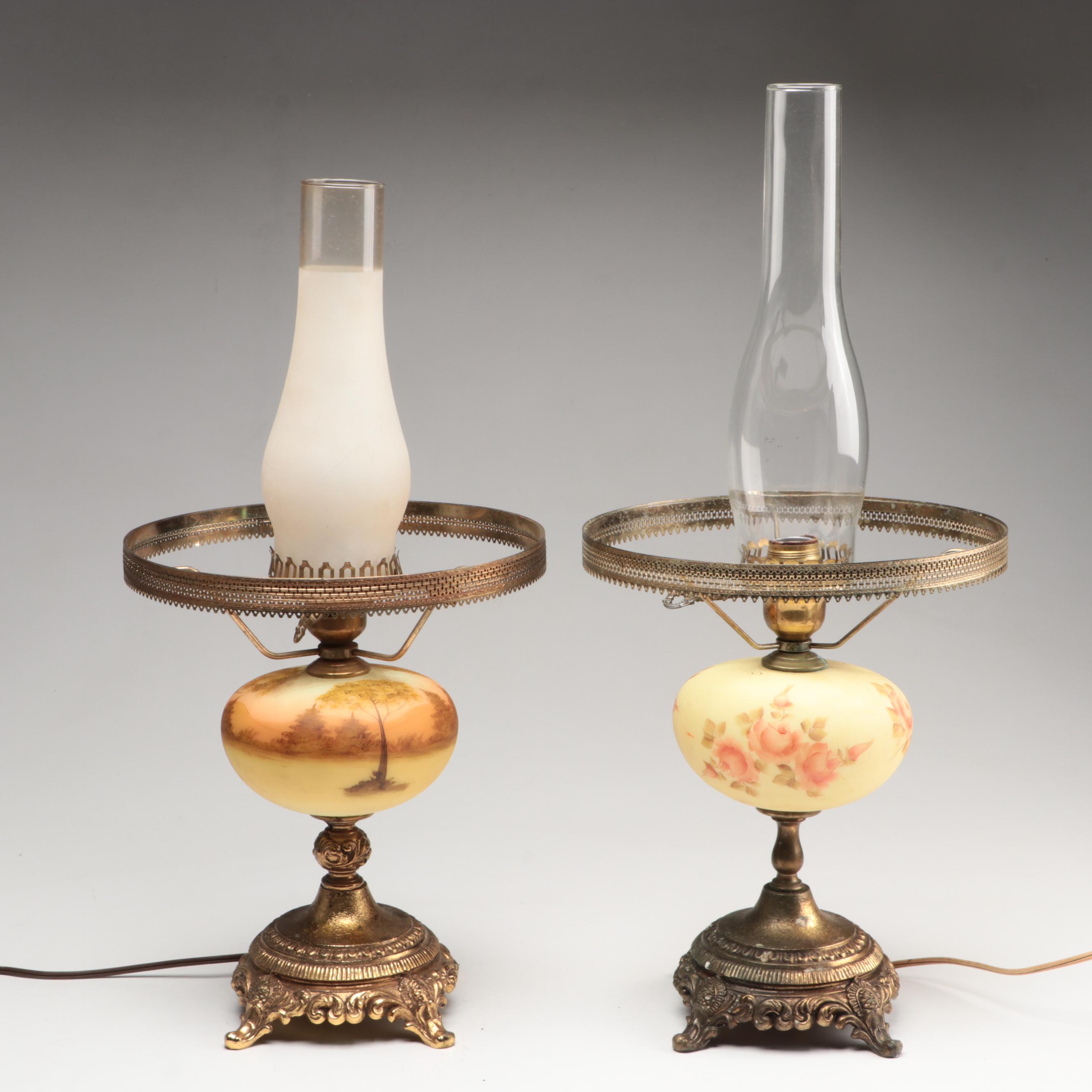 Fenton "Log Cabin" and "Rose Burmese" Satin Custard Glass Parlor Lamps, 1970s