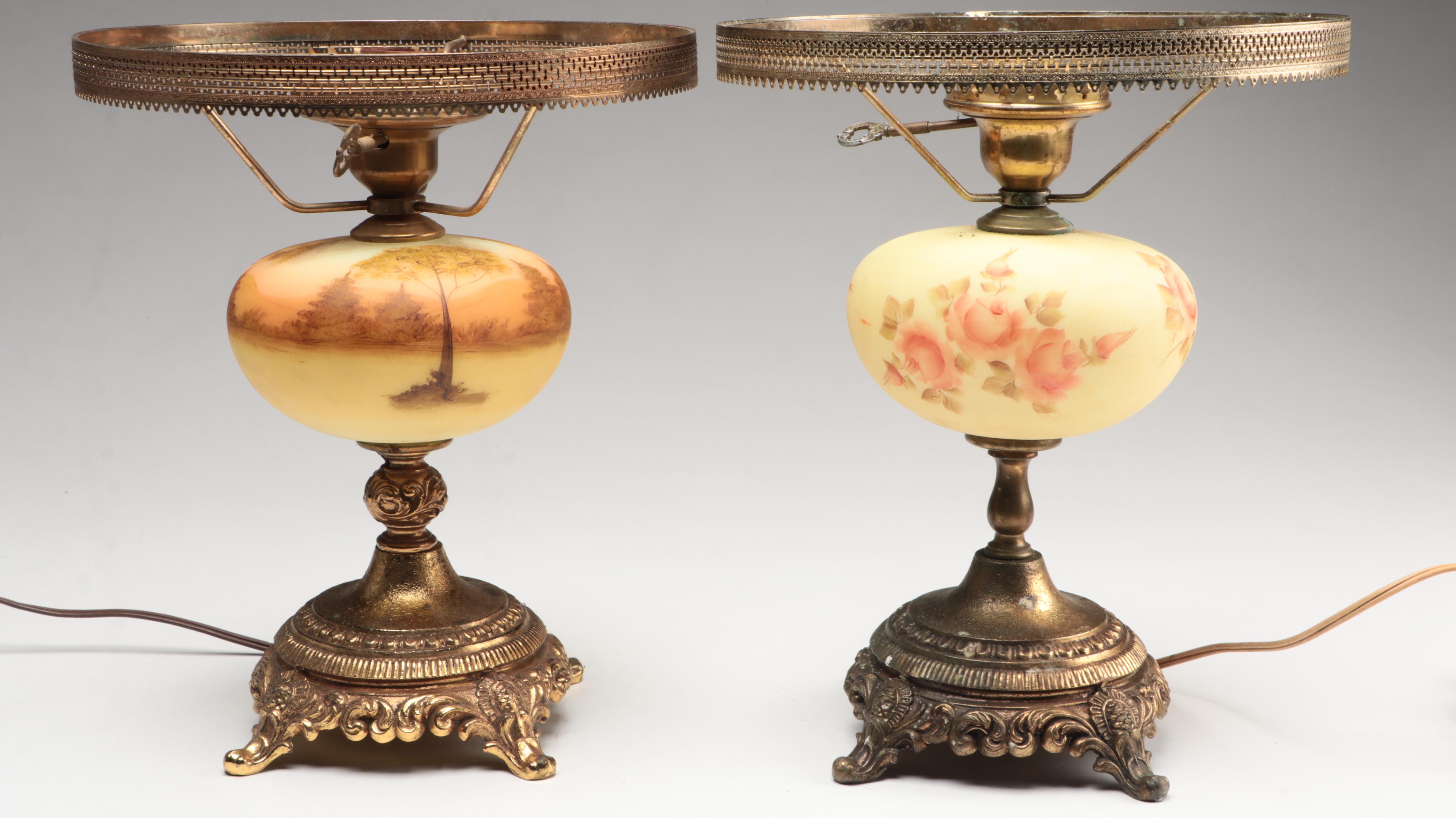 Fenton "Log Cabin" and "Rose Burmese" Satin Custard Glass Parlor Lamps, 1970s