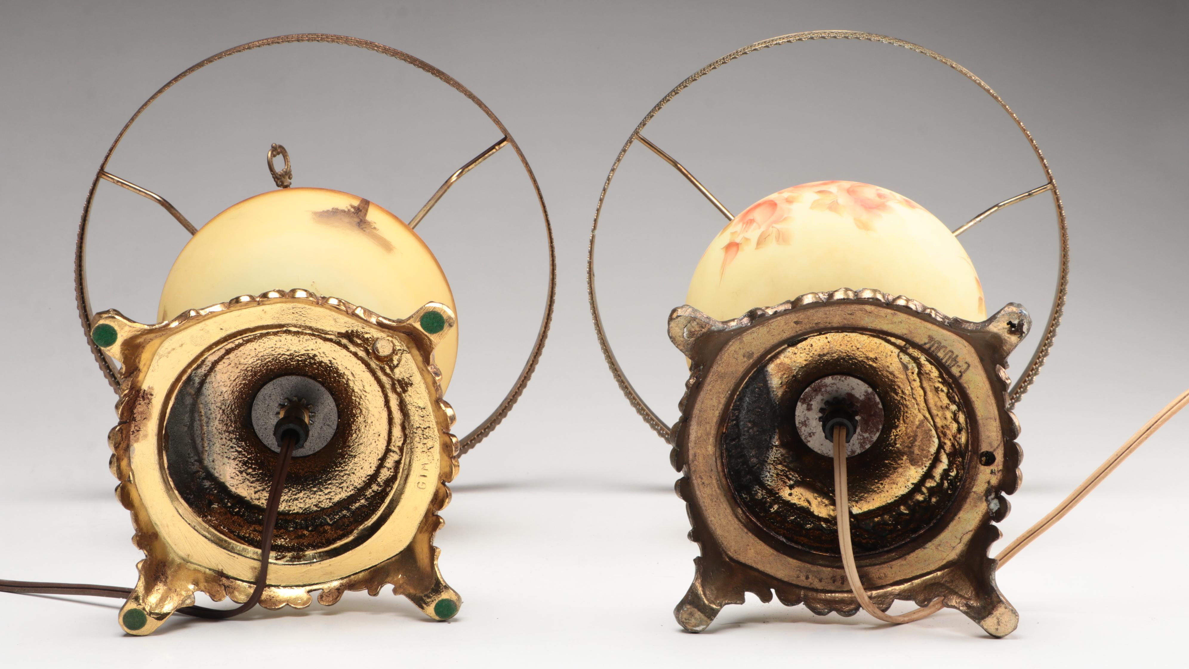 Fenton "Log Cabin" and "Rose Burmese" Satin Custard Glass Parlor Lamps, 1970s