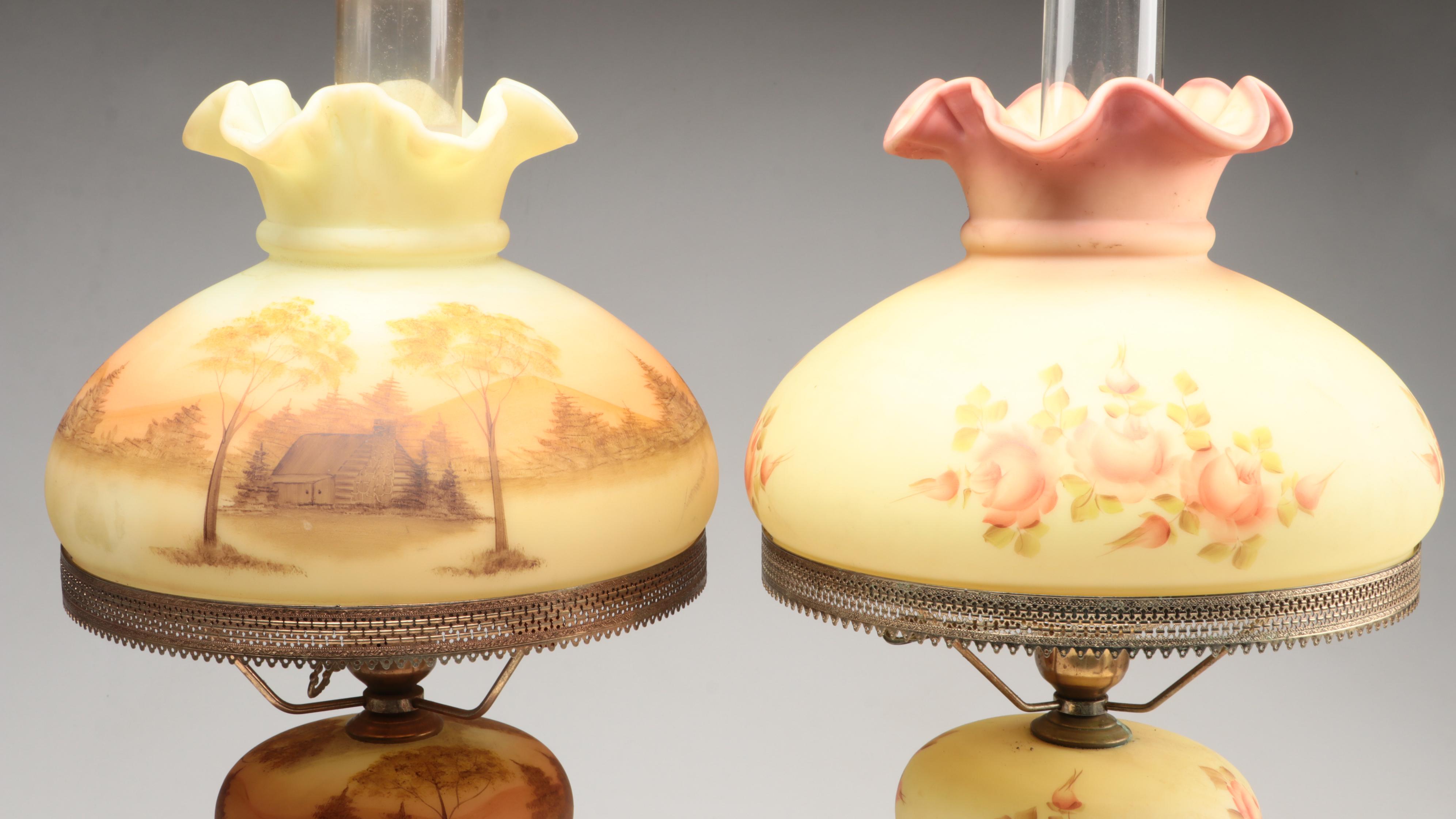 Fenton "Log Cabin" and "Rose Burmese" Satin Custard Glass Parlor Lamps, 1970s