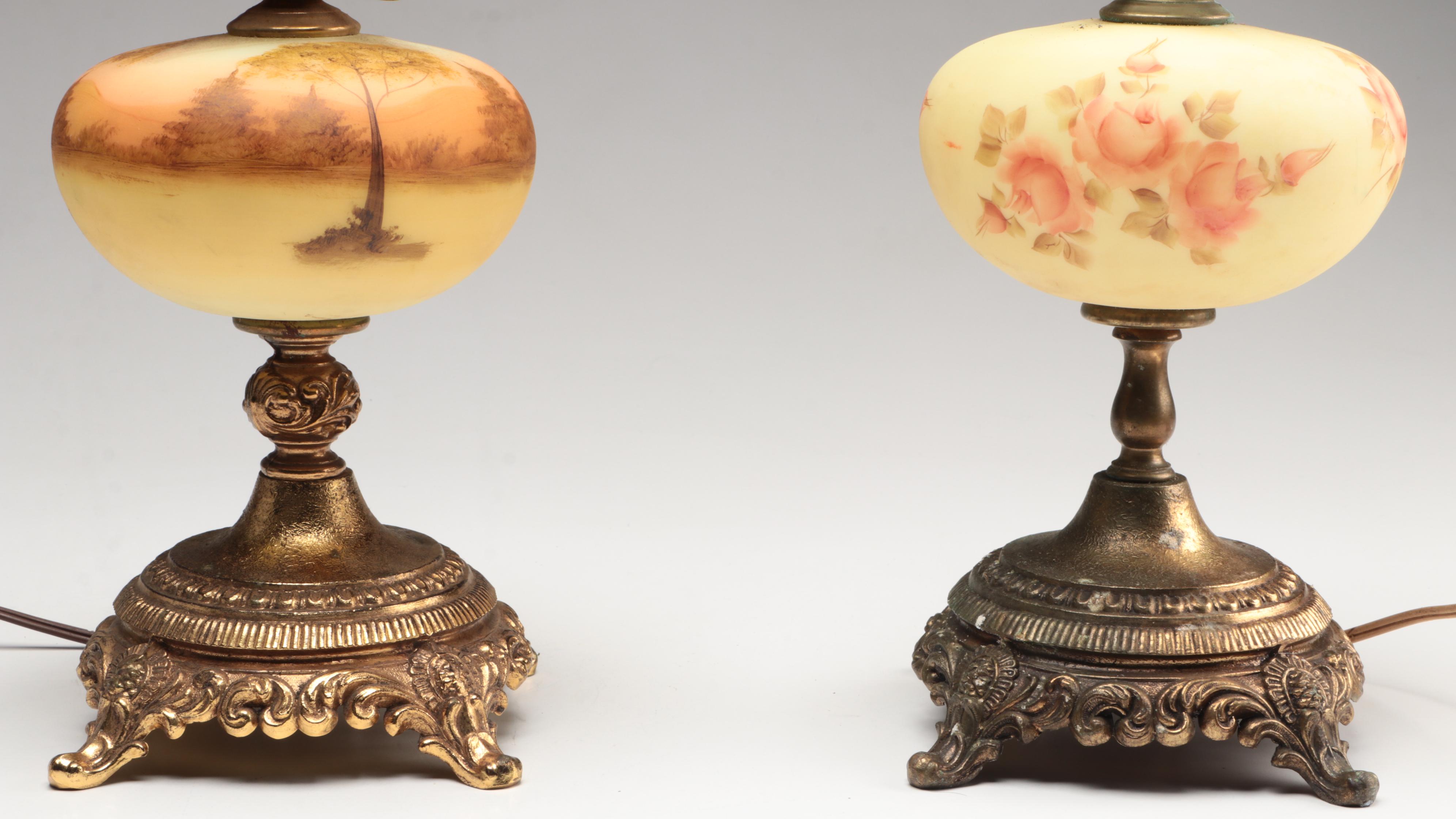 Fenton "Log Cabin" and "Rose Burmese" Satin Custard Glass Parlor Lamps, 1970s