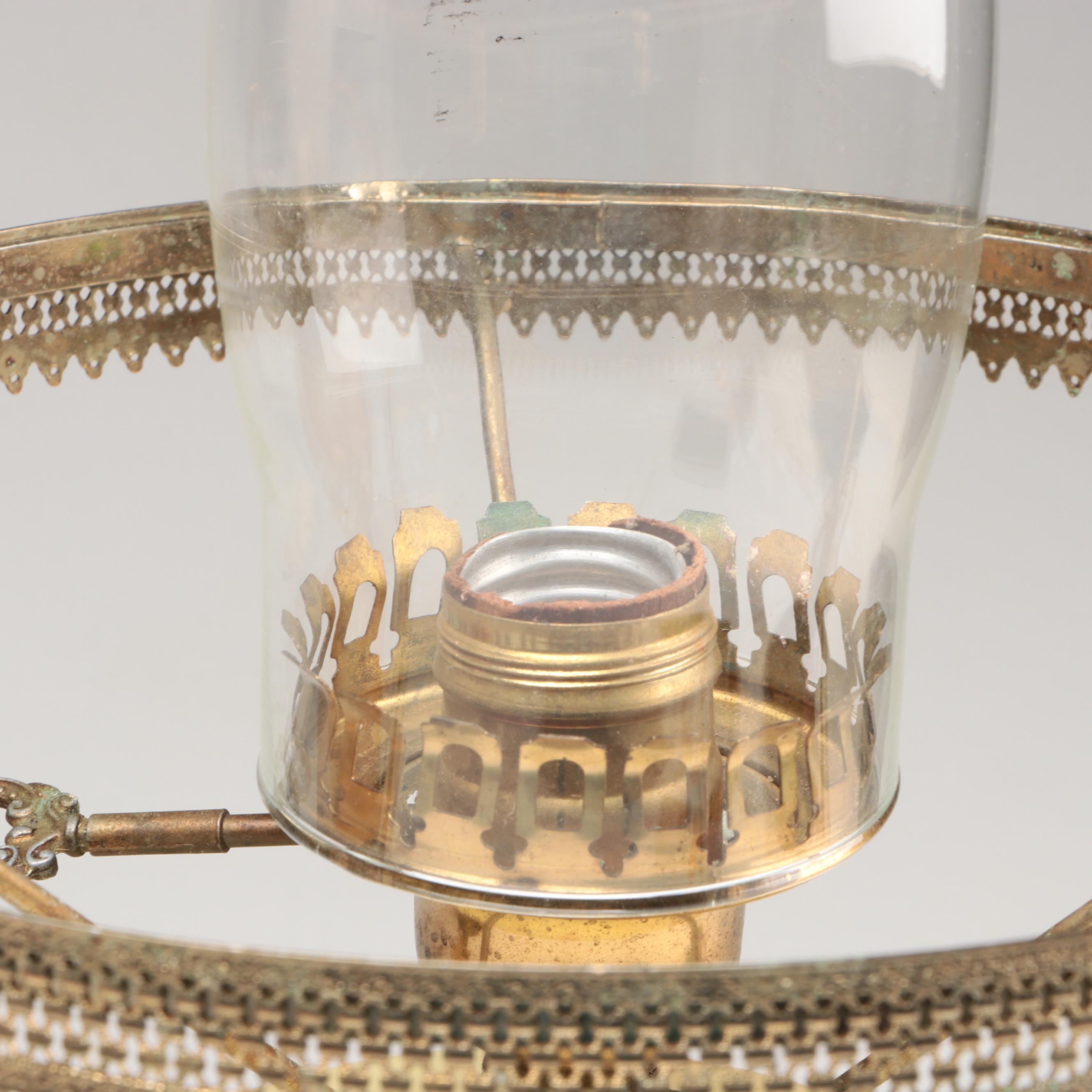 Fenton "Log Cabin" and "Rose Burmese" Satin Custard Glass Parlor Lamps, 1970s