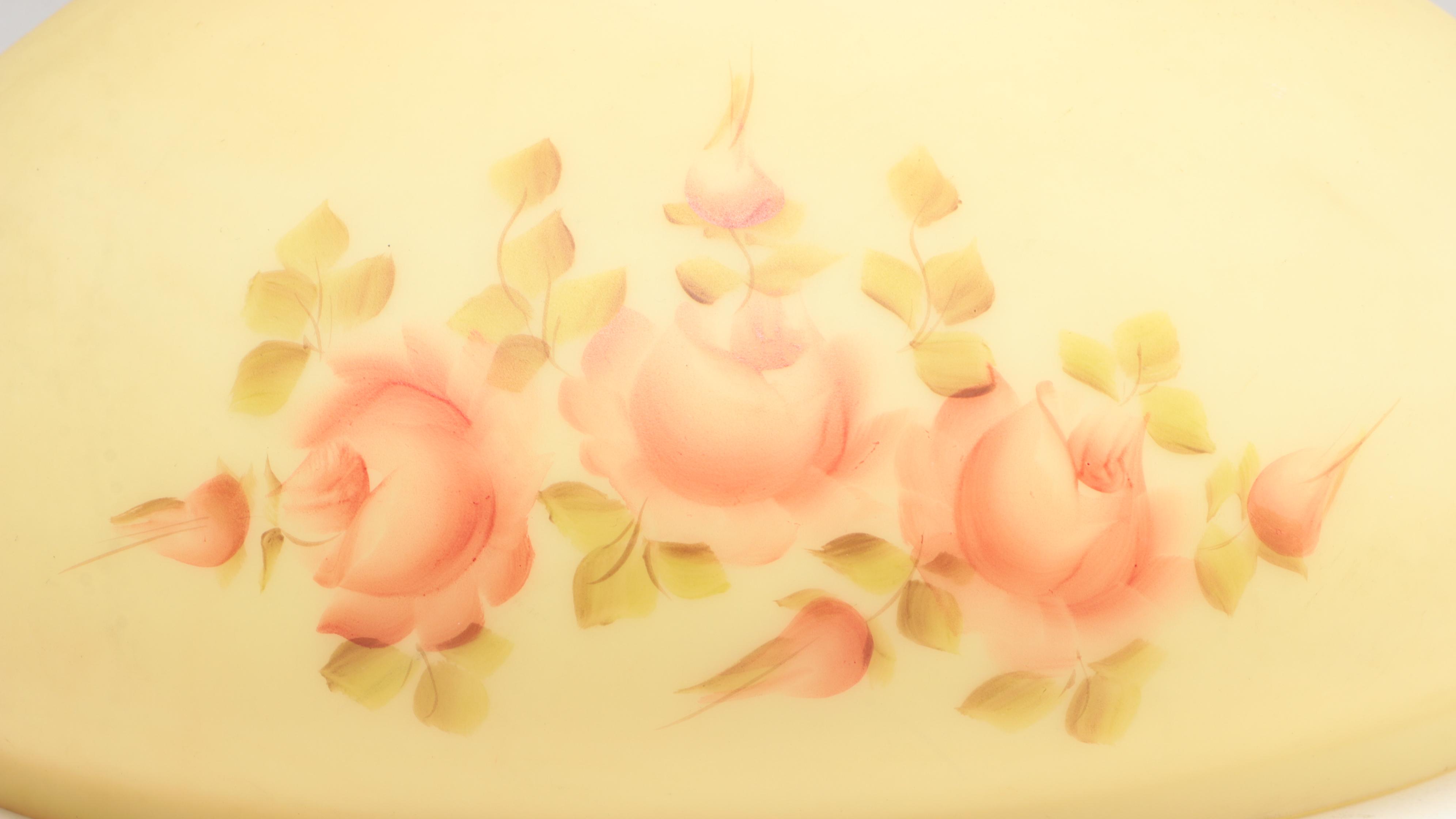 Fenton "Log Cabin" and "Rose Burmese" Satin Custard Glass Parlor Lamps, 1970s