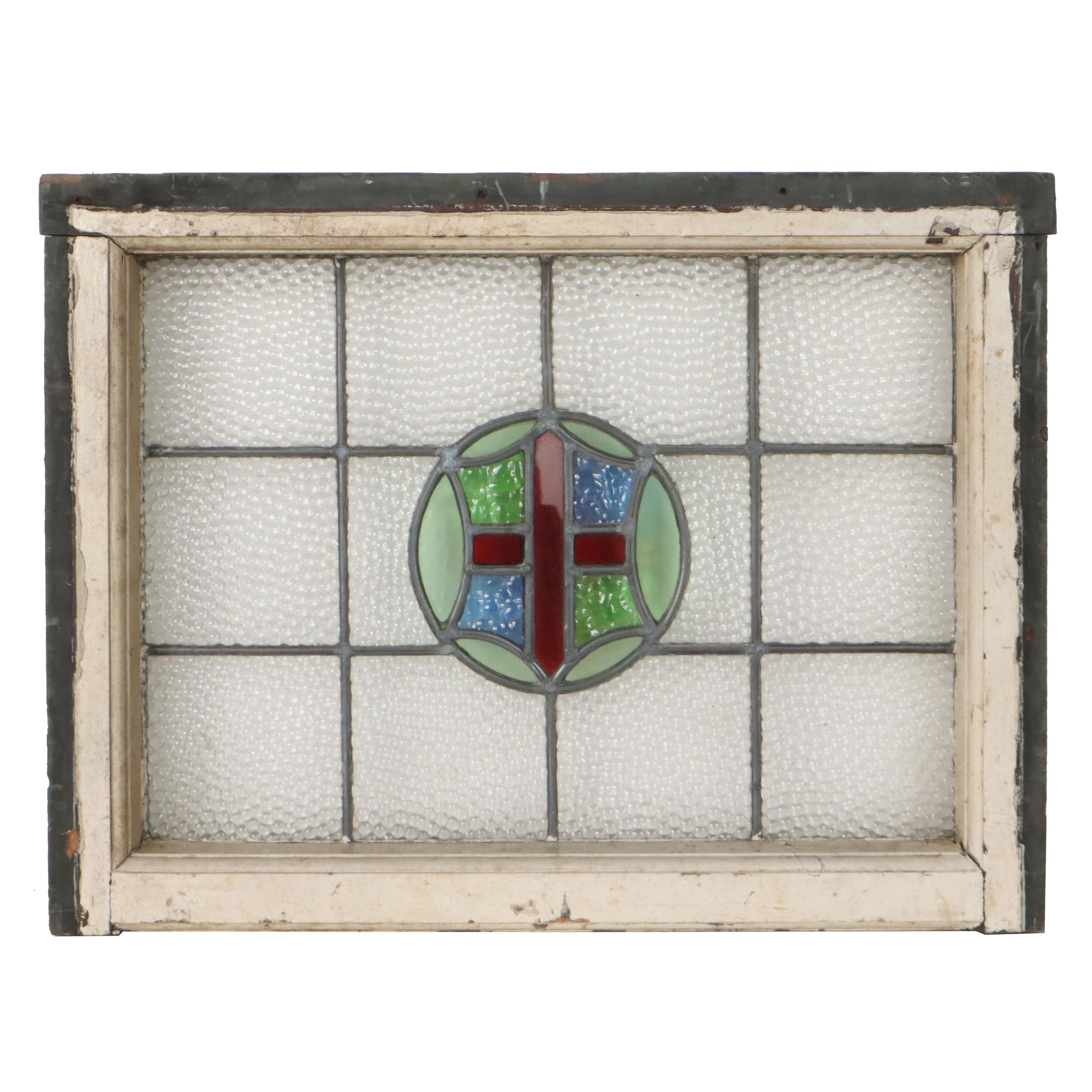 Stained and Slag Glass Panel With Cross and Shield