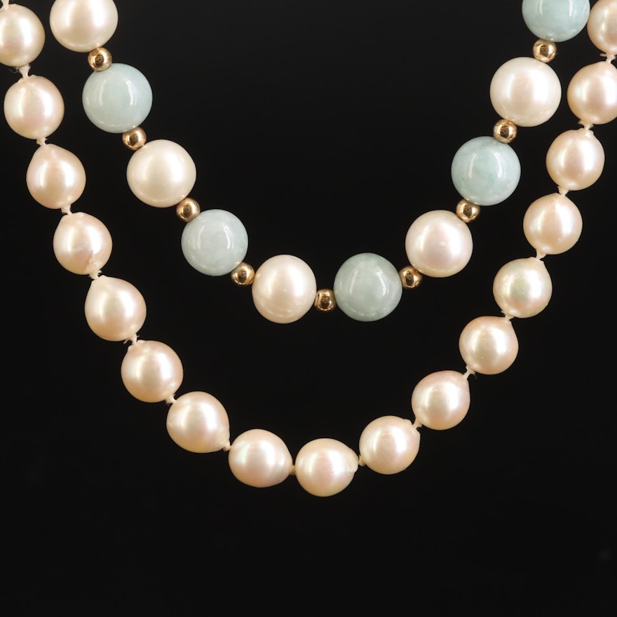 14K Pearl Necklace with Pearl and Jadeite Necklace