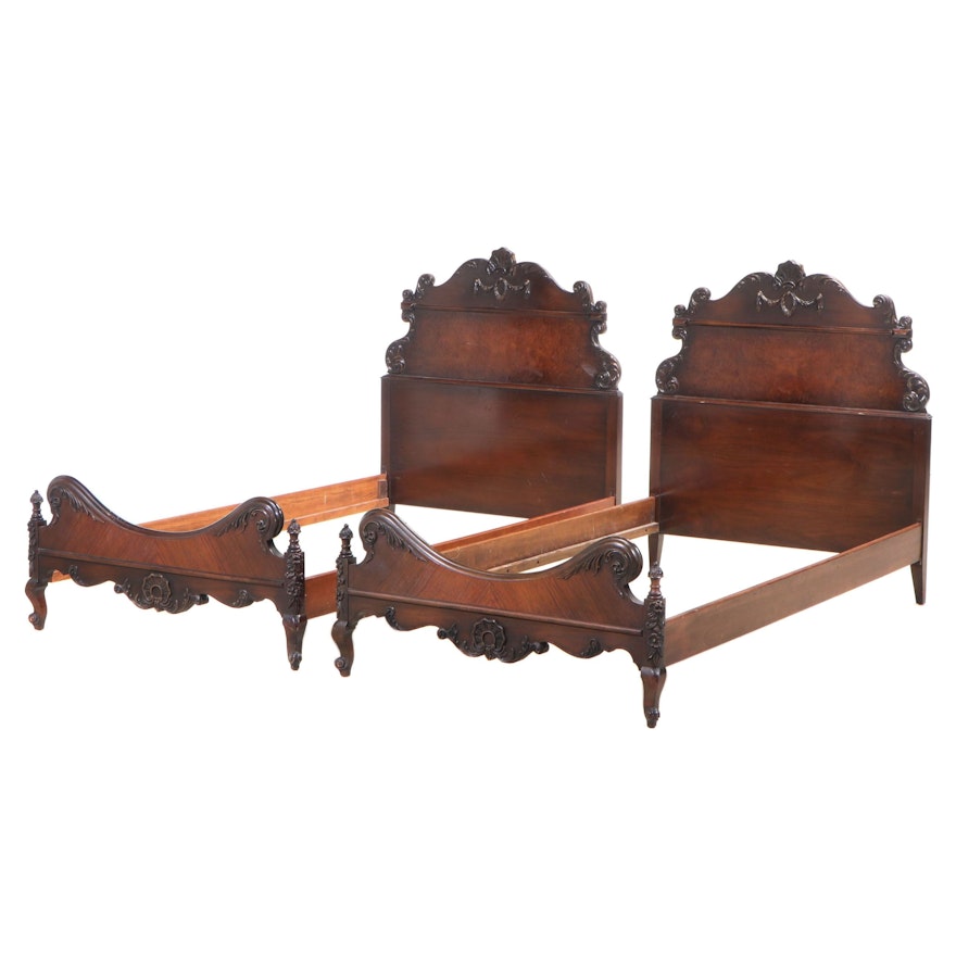 Pair of Johnson Furniture Co. Louis XV Style Walnut and Burl Walnut Twin Beds