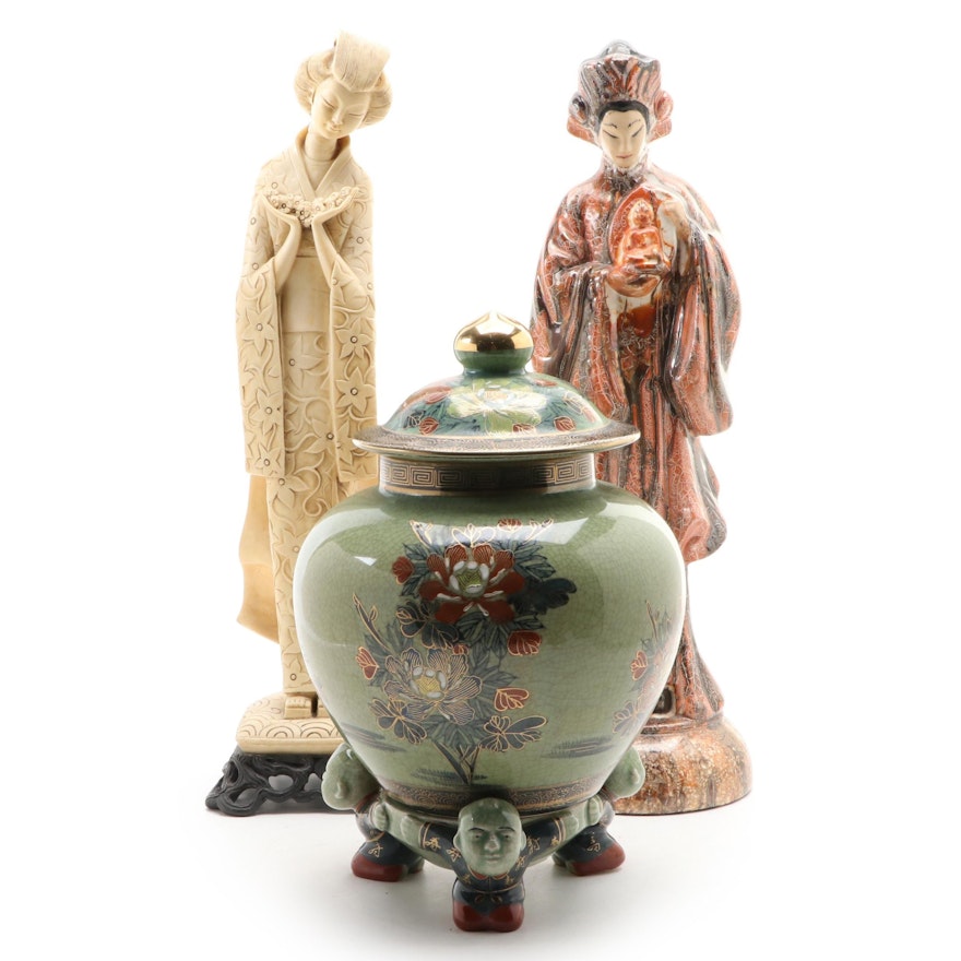 Japanese Satsuma Ginger Jar with Porcelain and Other Figurines